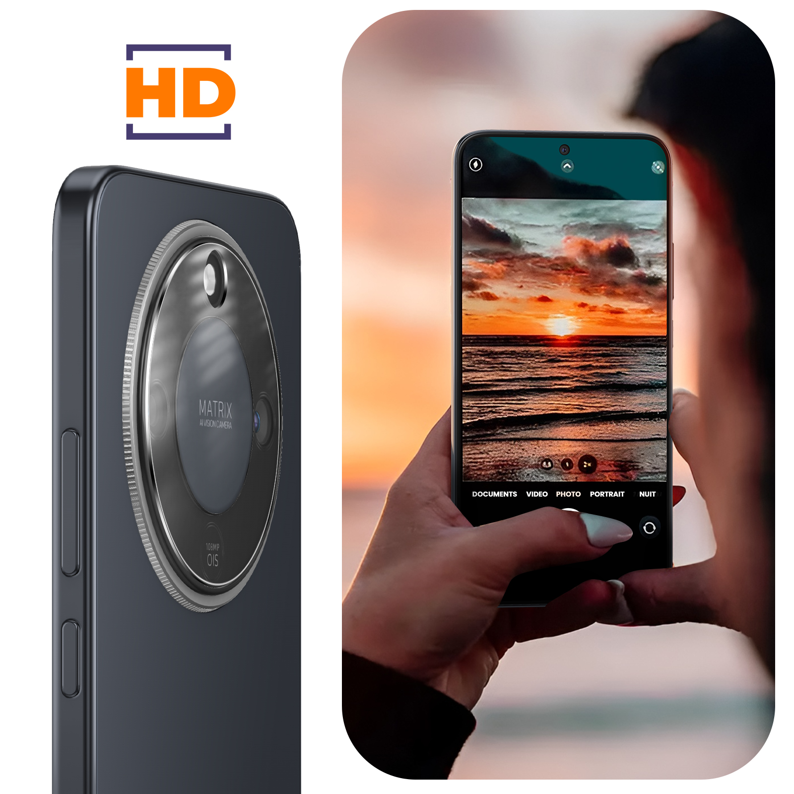 Un smartphone oscuro captura un atardecer sobre el mar. Logo HD arriba.