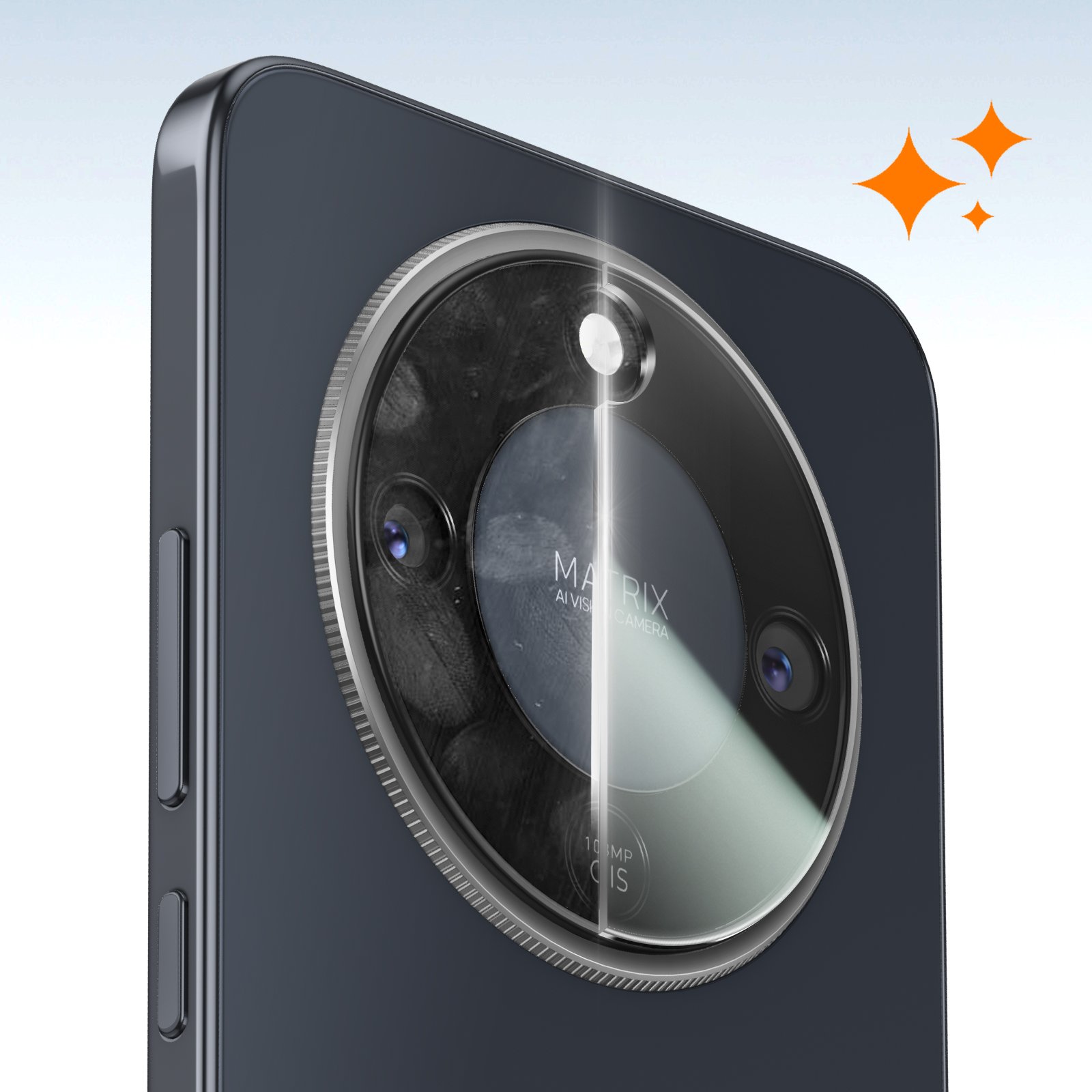 Smartphone gris oscuro con cámara Matrix AI Vision, 108MP CIS.