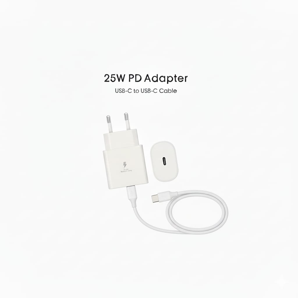Un adaptador PD blanco de 25W con cable USB-C y pequeño accesorio ovalado.