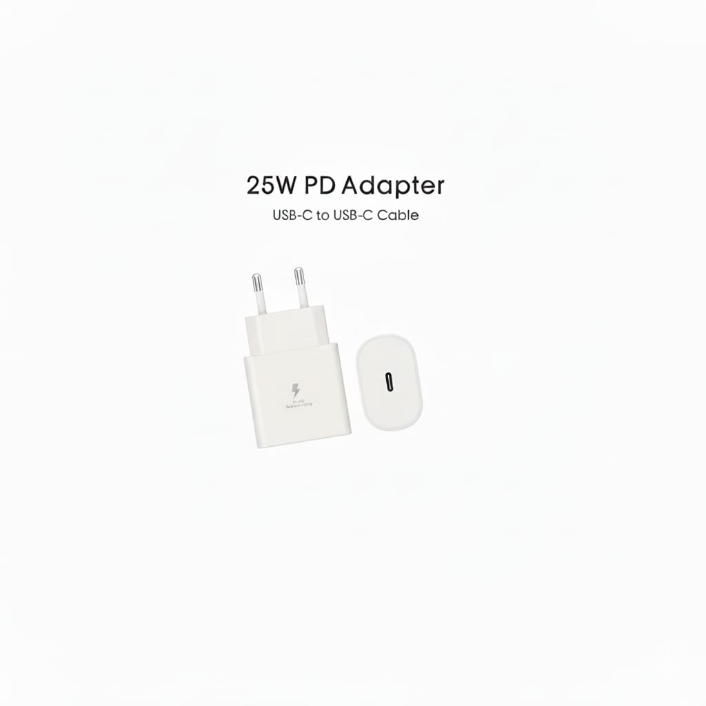 Adaptador PD blanco de 25W con cable USB-C sobre fondo blanco.
