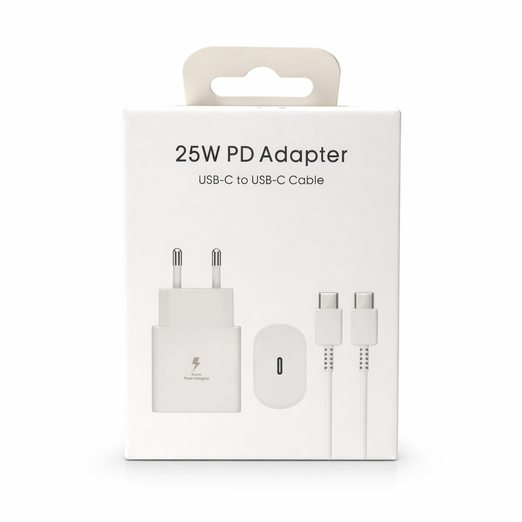 Embalaje con adaptador PD de 25W, cable USB-C a USB-C y adaptador de corriente.