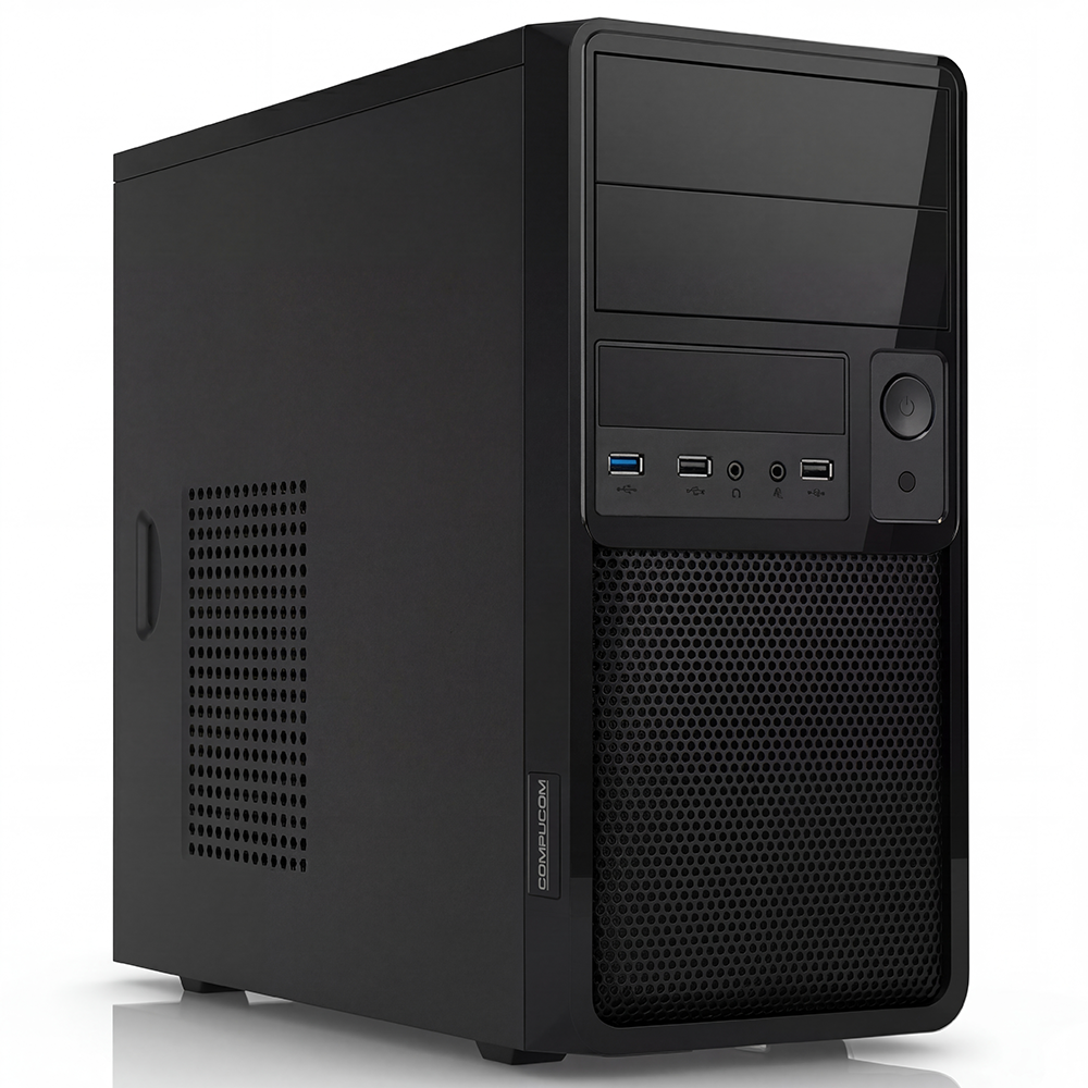 Une tour d'ordinateur noire avec panneau avant en maille et ports USB sur le dessus.