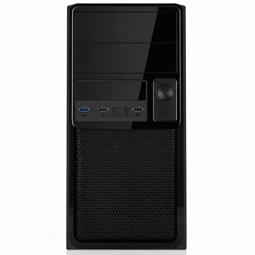 Boîtier d'ordinateur noir avec ports USB et bouton d'alimentation.