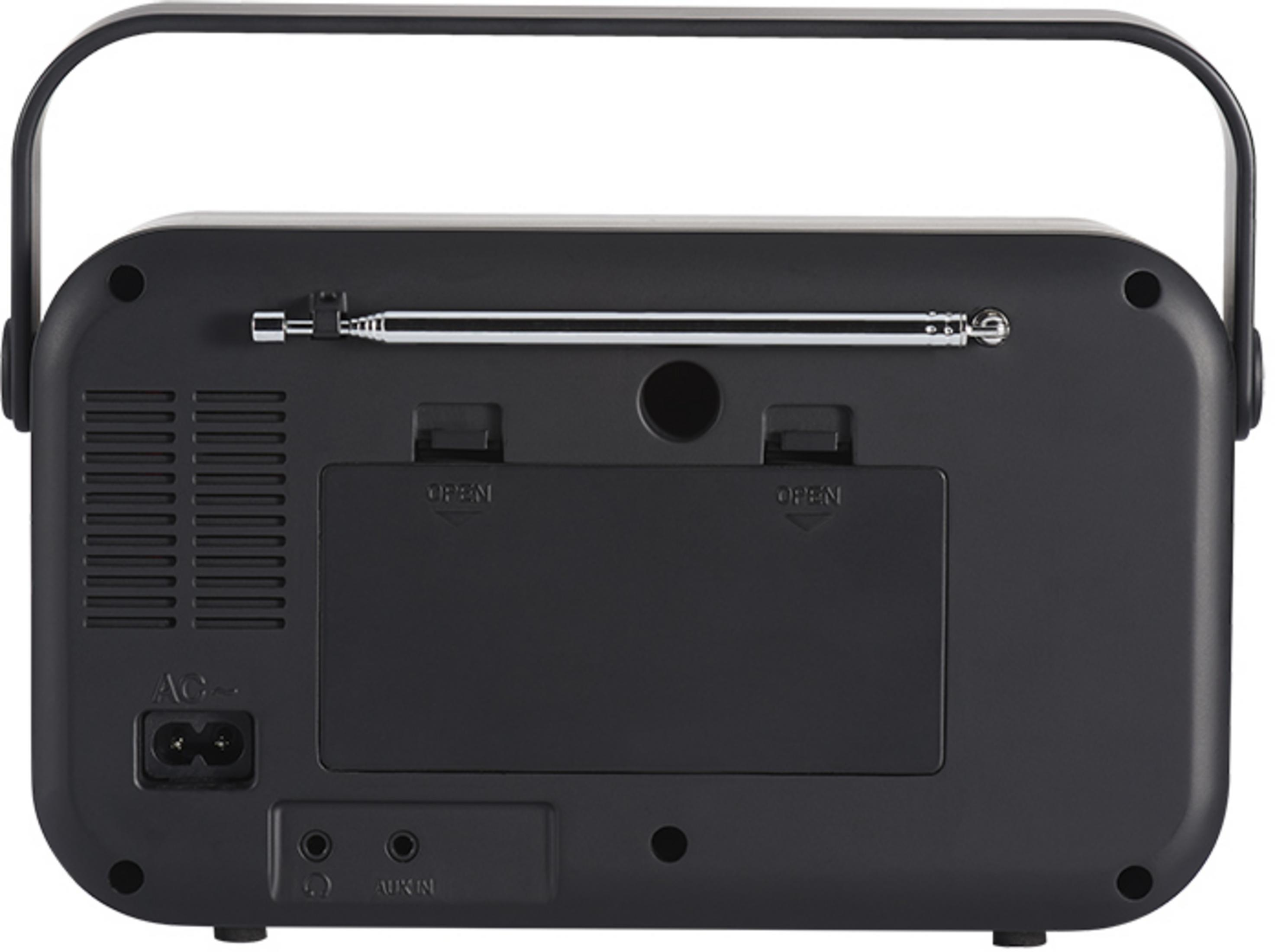 Czarno radio z wysuwaną anteną, wejściem AC i portem AUX IN.