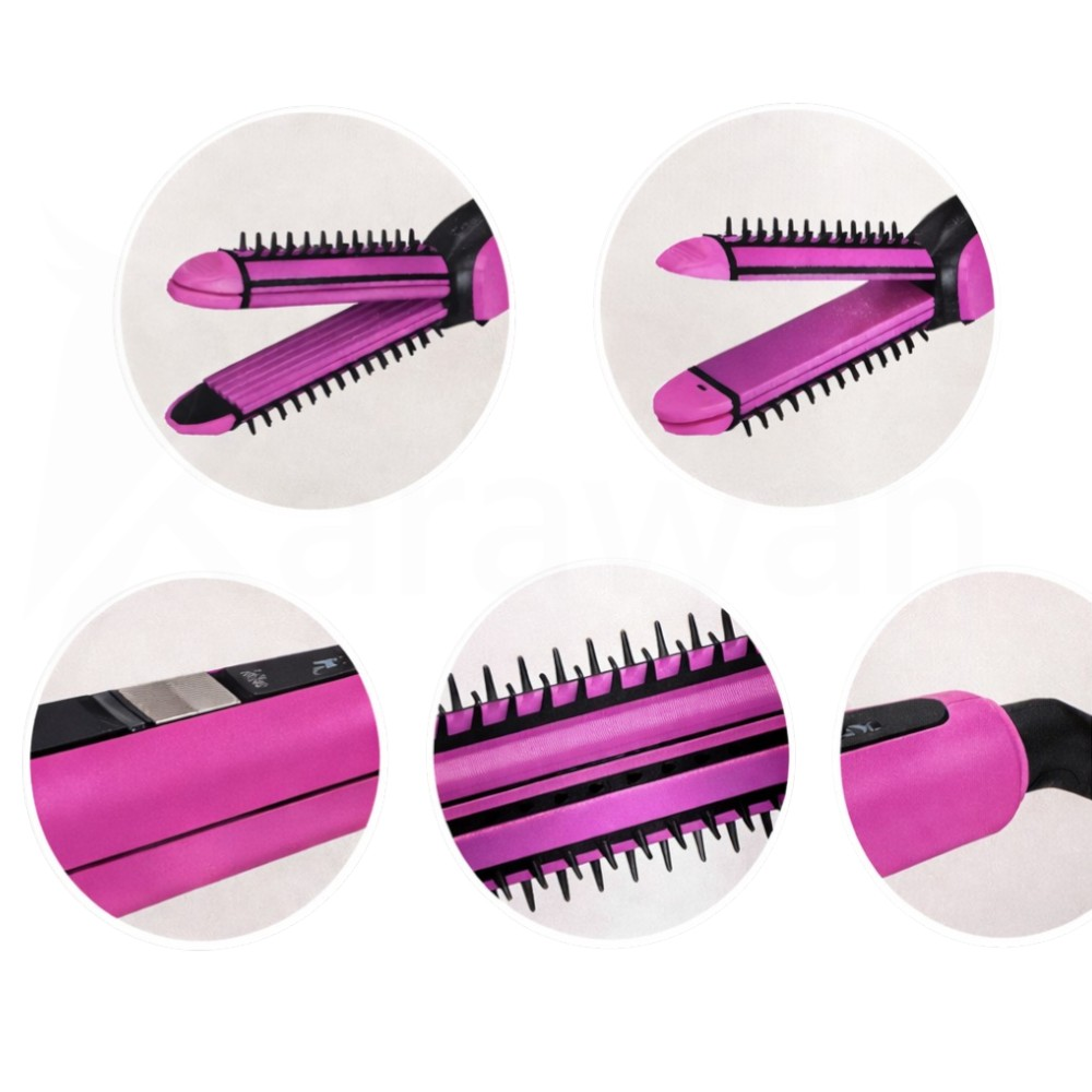 Un rizador rosa mostrado desde varios ángulos, diseñado para rizar y alisar el cabello.