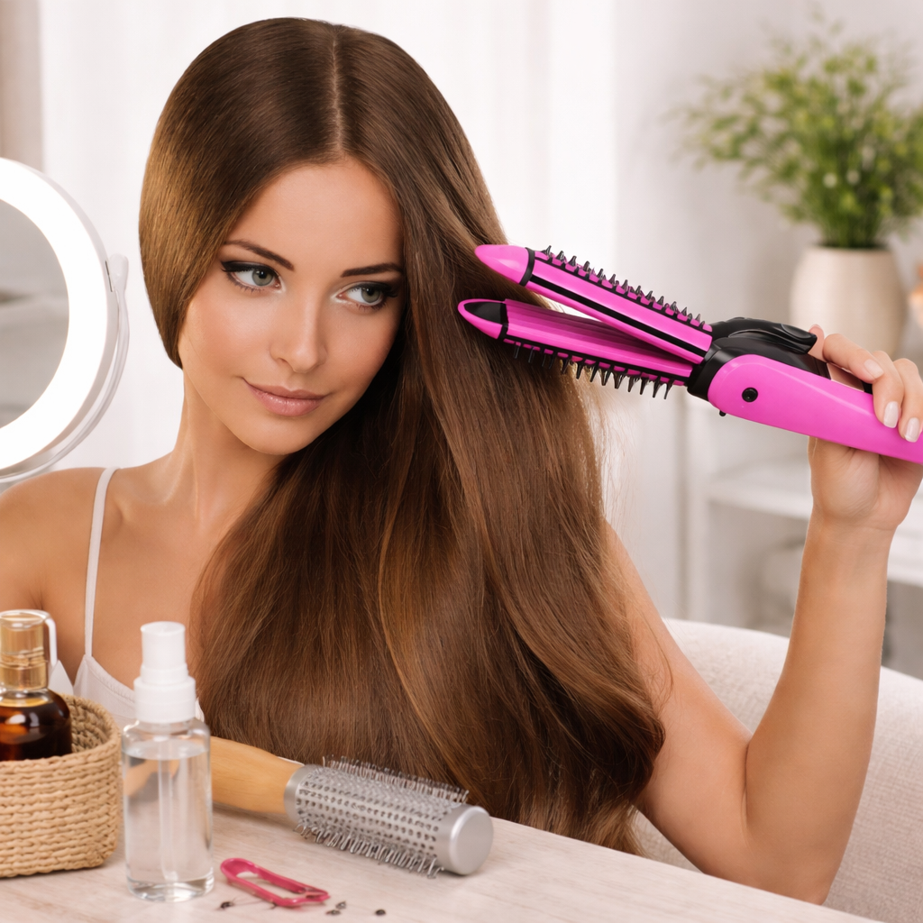 Mujer alisándose el pelo castaño con una plancha rosa cerca de un espejo iluminado.