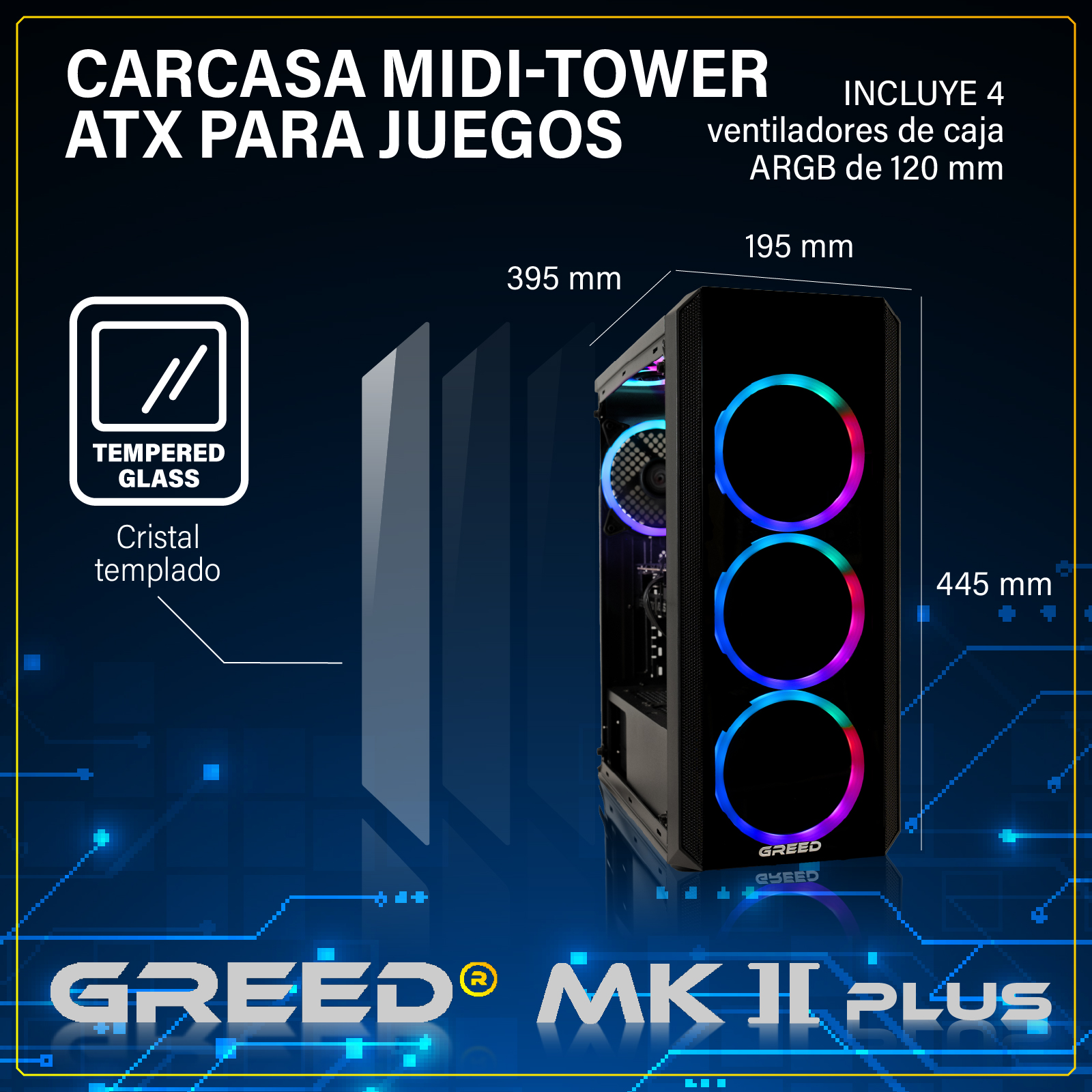 Caja ATX semitorre negra con ventiladores ARGB, cristal templado.