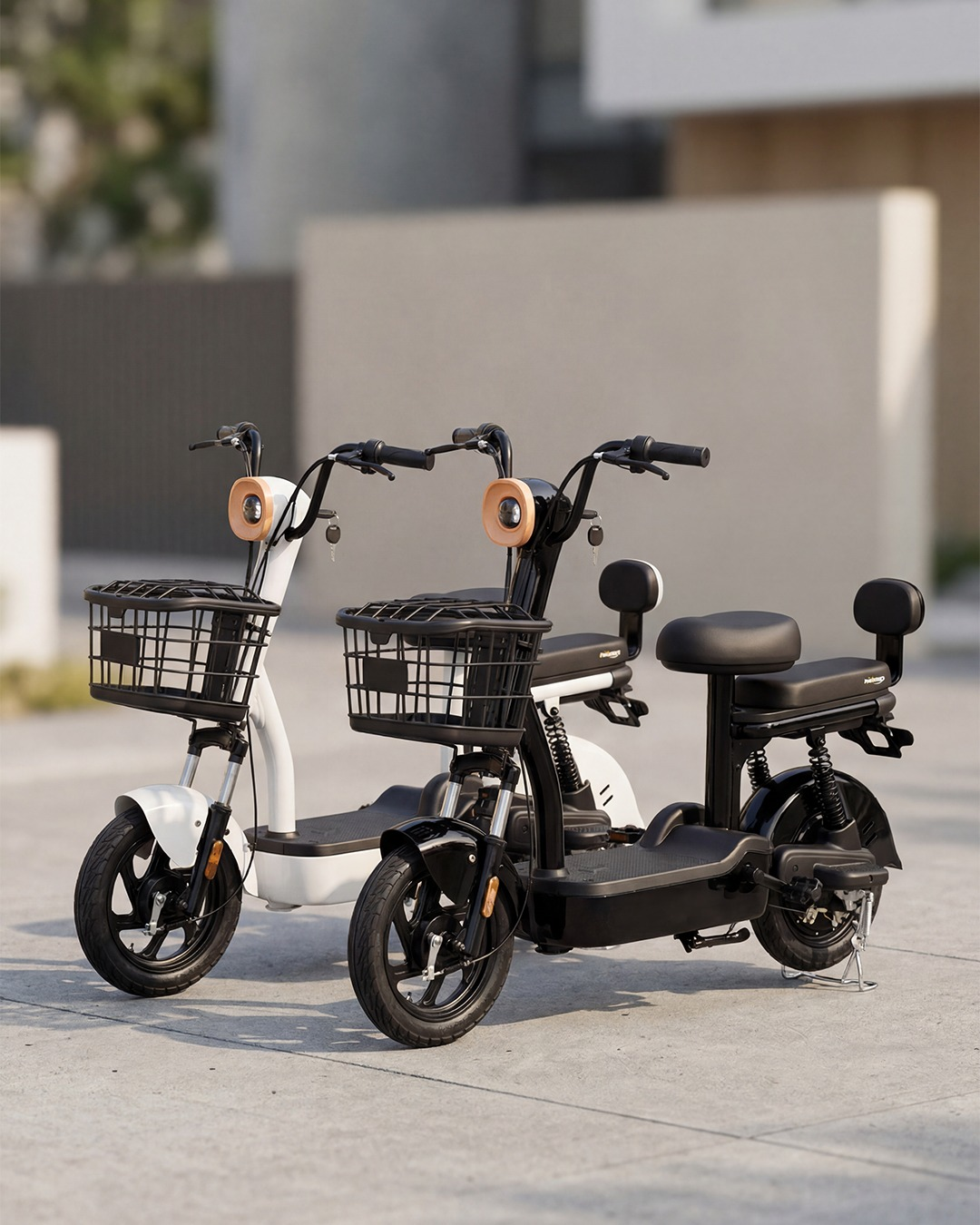 Sepetli ve koltuklu iki elektrikli scooter, biri beyaz, diğeri siyah, dışarıda park edilmiş.