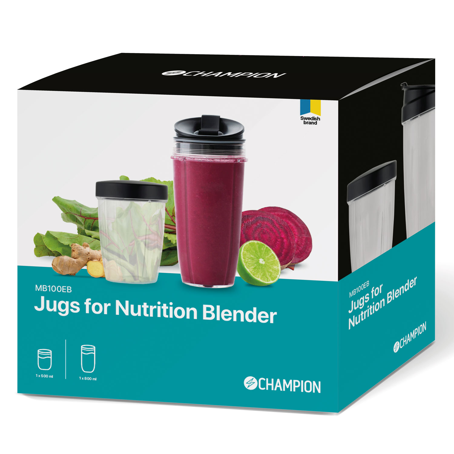 Packaging for blender jugs with beet juice, ginger, lime, and leaves.