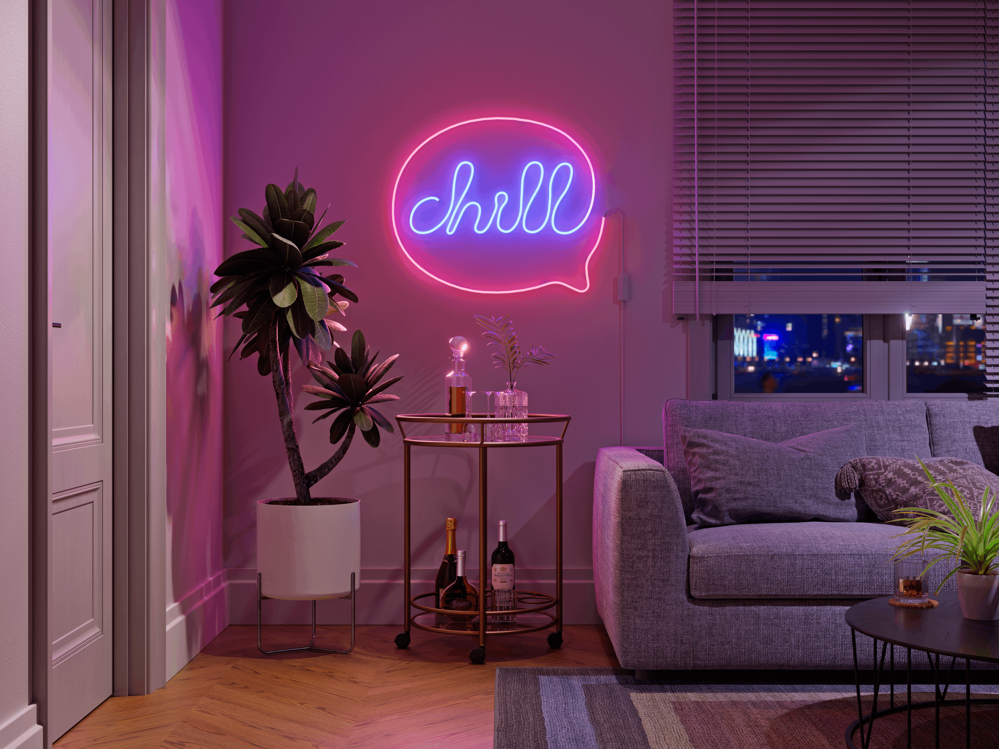 Ein Wohnzimmer mit lila Neonlicht, Sofa, Pflanzen und einem Barwagen.