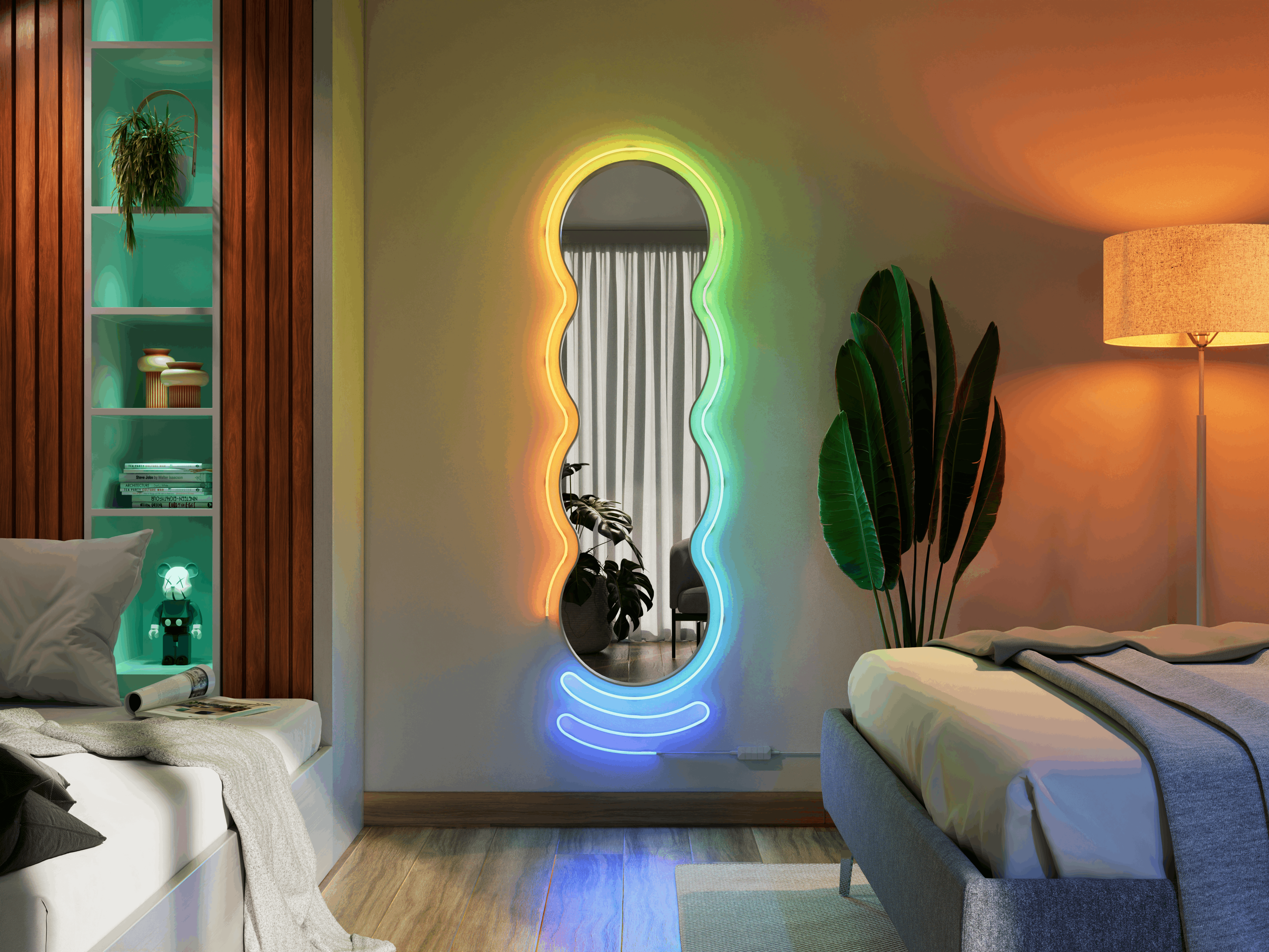 Ein Schlafzimmer mit einem Bett, Spiegel mit Neonlicht, Pflanzen und Regal.