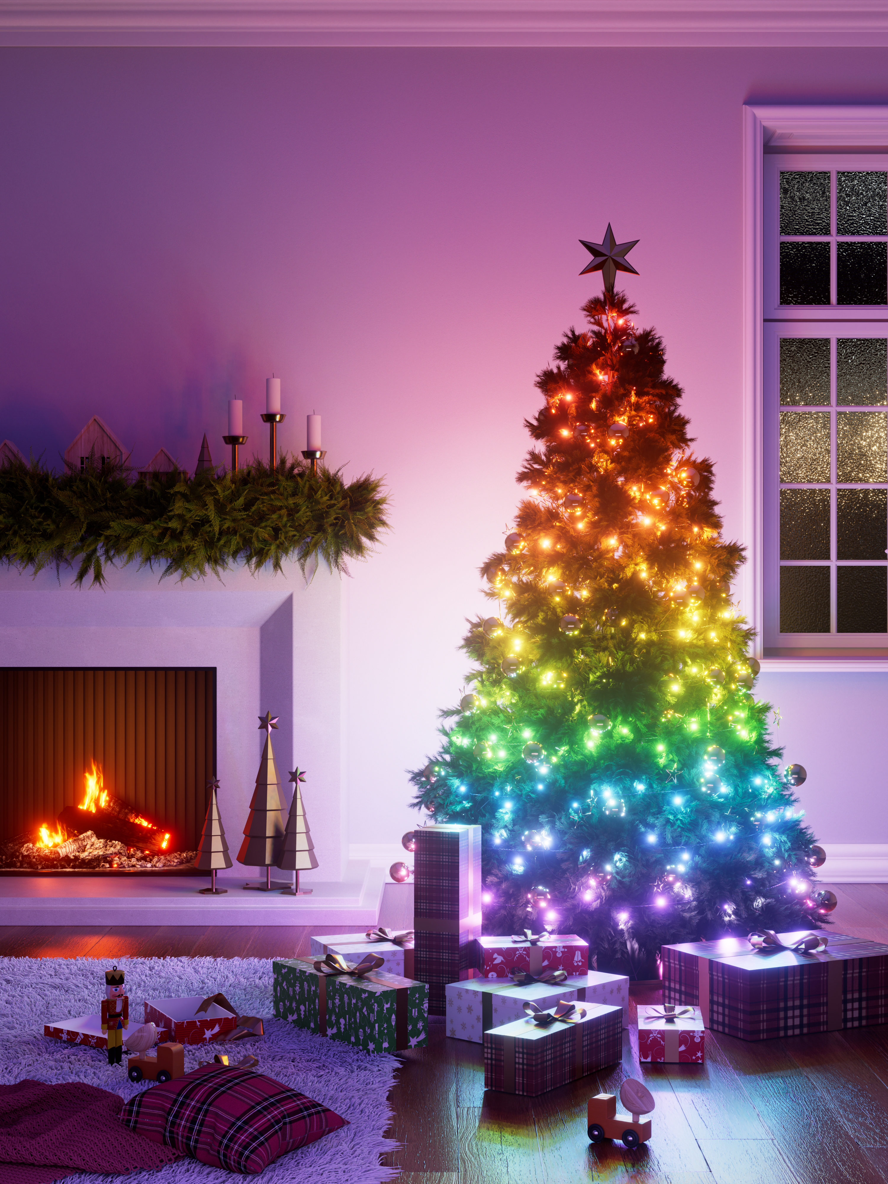 Ein geschmückter Weihnachtsbaum mit Lichtern, Geschenken und einem Kamin.