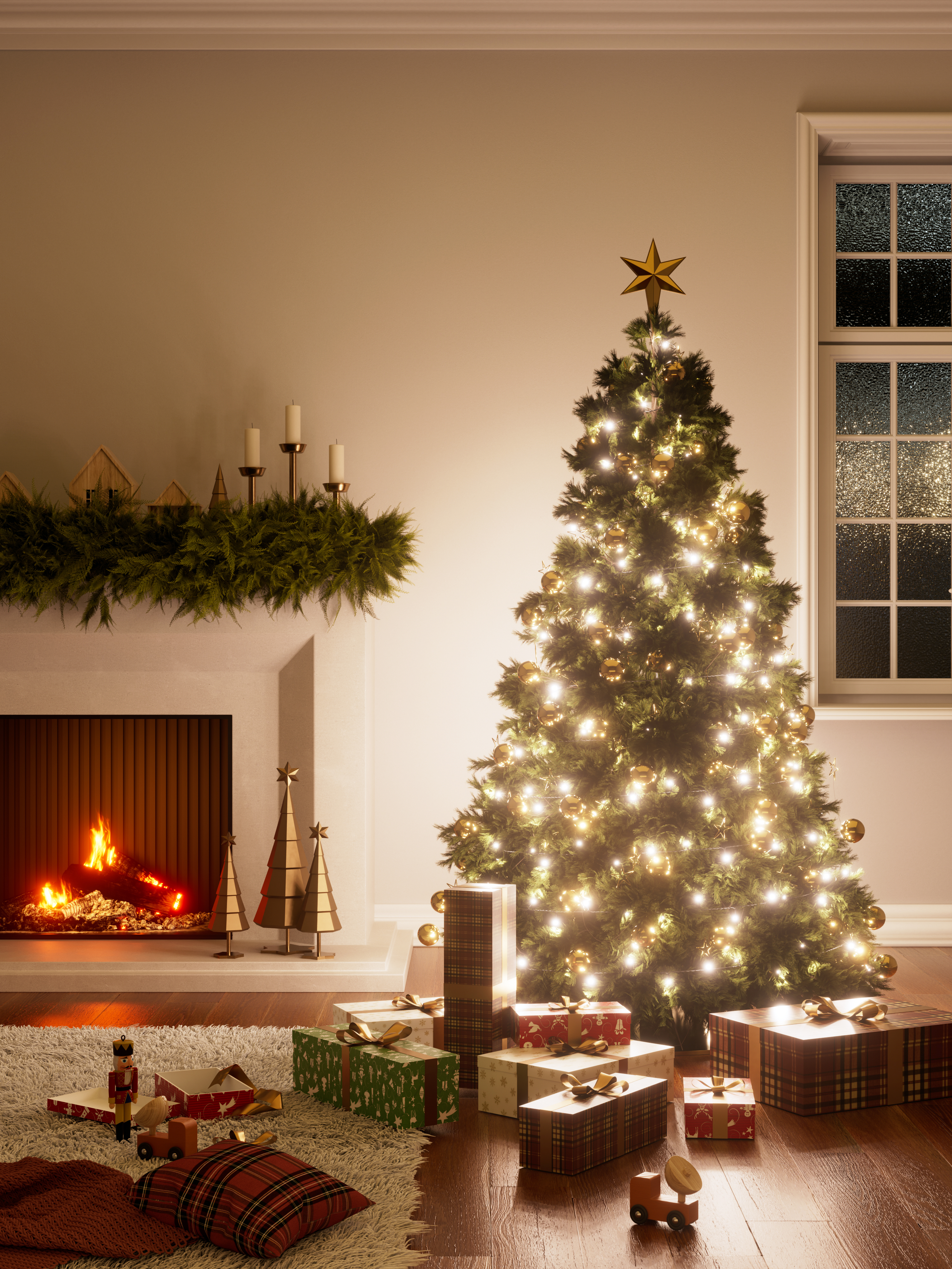 Weihnachtsbaum mit Lichtern, Geschenken und Kaminfeuer.