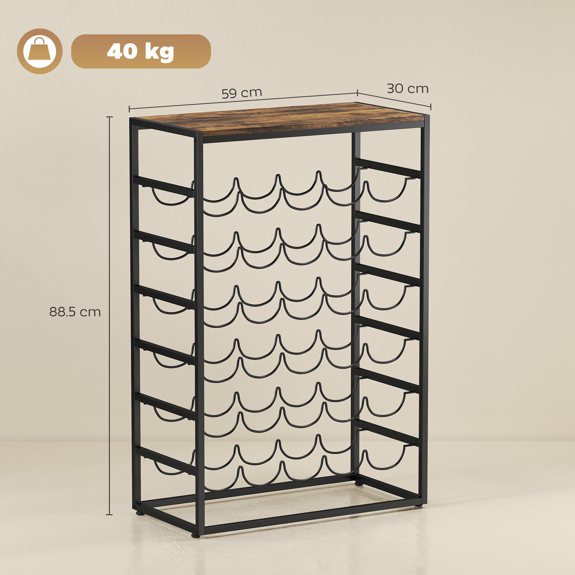 Una rastrelliera per vino nera con piano in legno, alta 88,5 cm.
