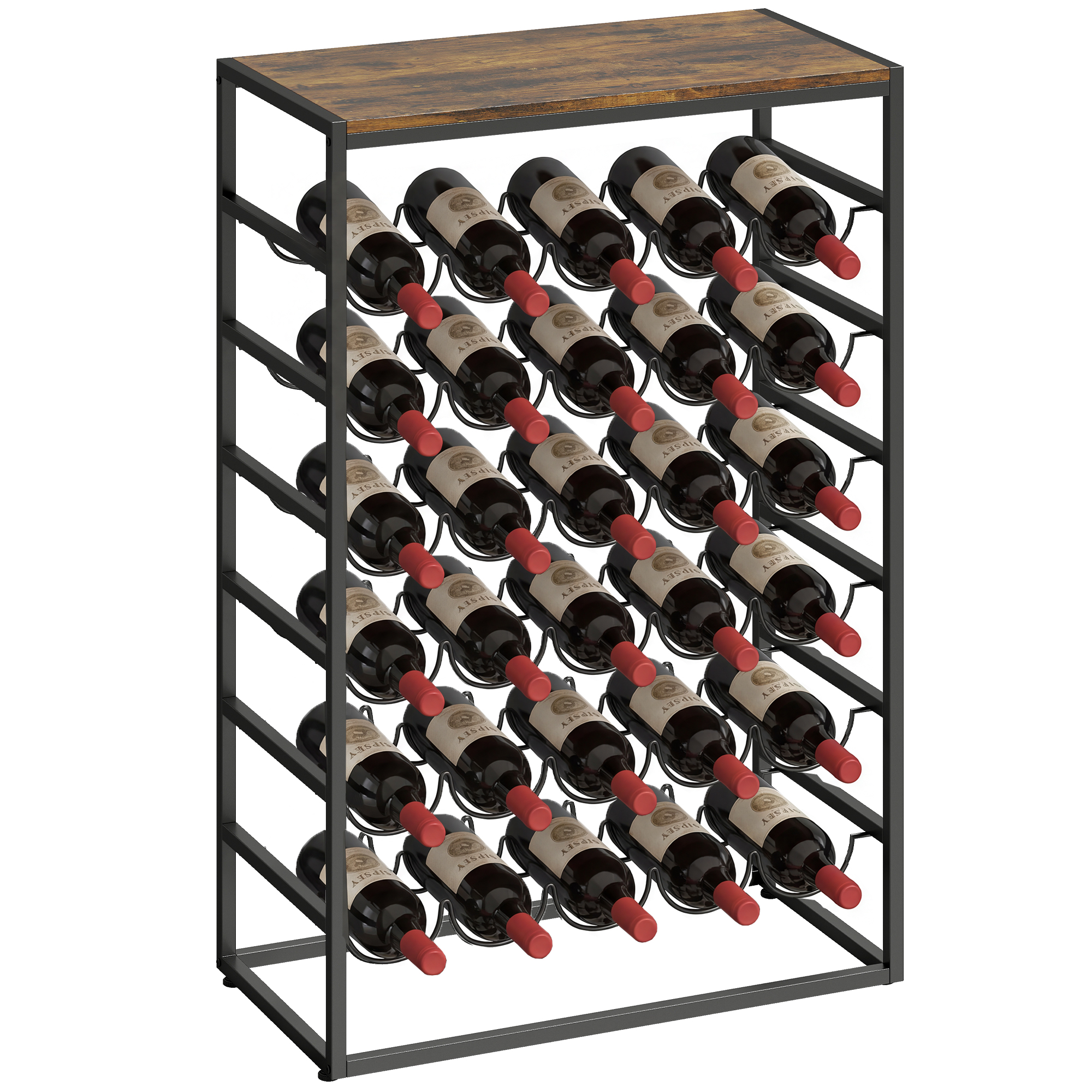 Una rastrelliera per vino in metallo con piano in legno, contenente 24 bottiglie.