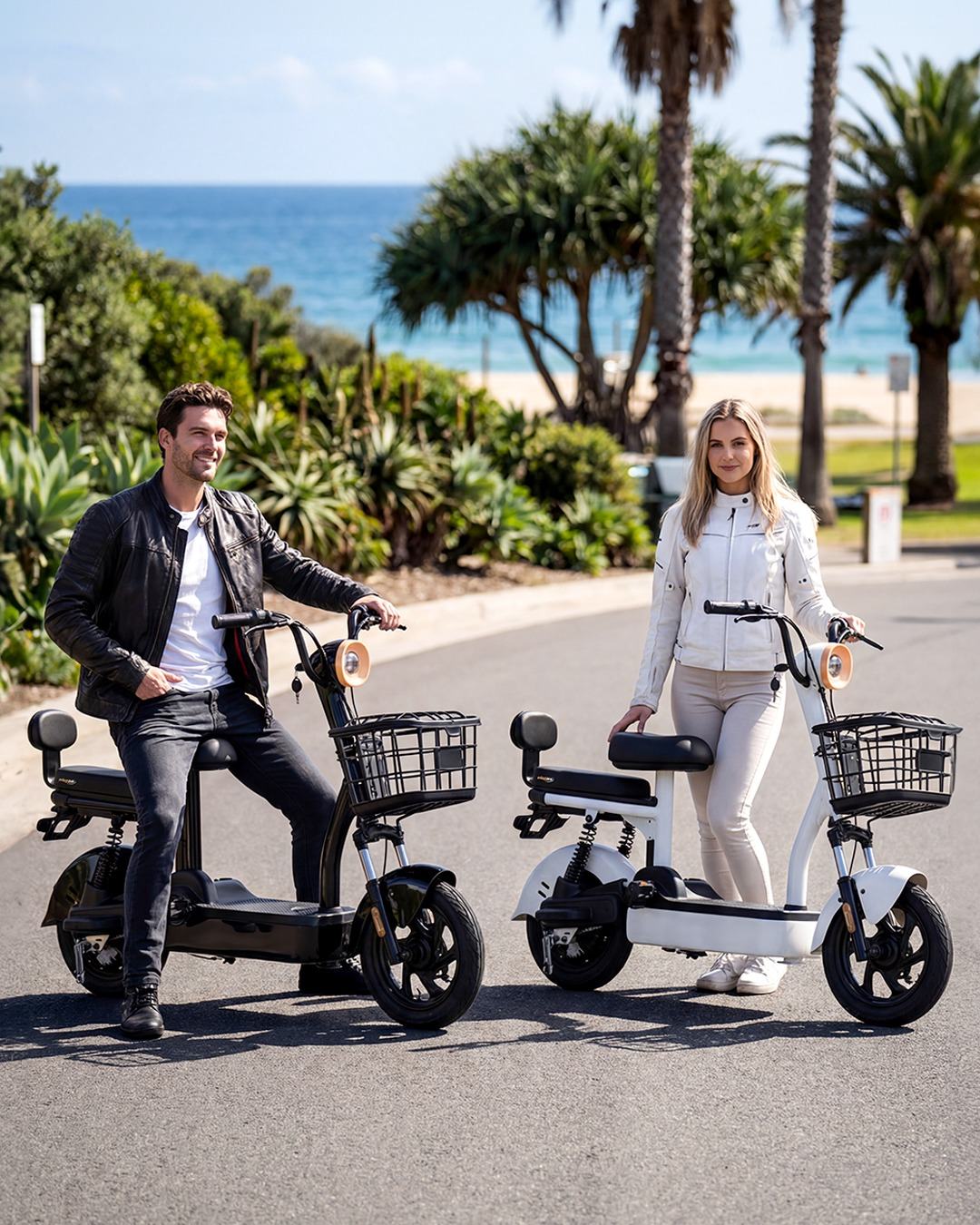 Plajda e-scooter yanlarında duran erkek ve kadın.