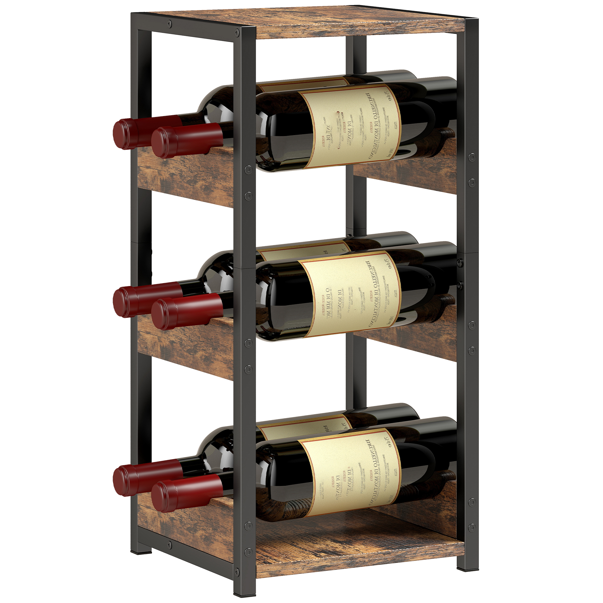Una rastrelliera in legno e metallo per sei bottiglie di vino.