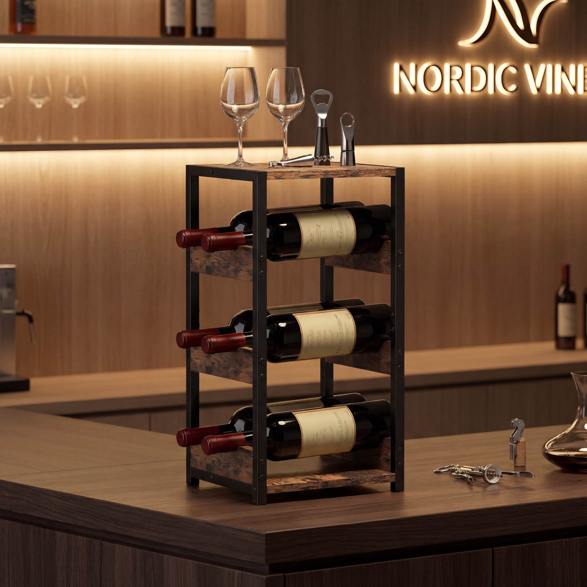 Una rastrelliera per vino in legno e metallo con tre bottiglie di vino rosso, bicchieri e attrezzi.