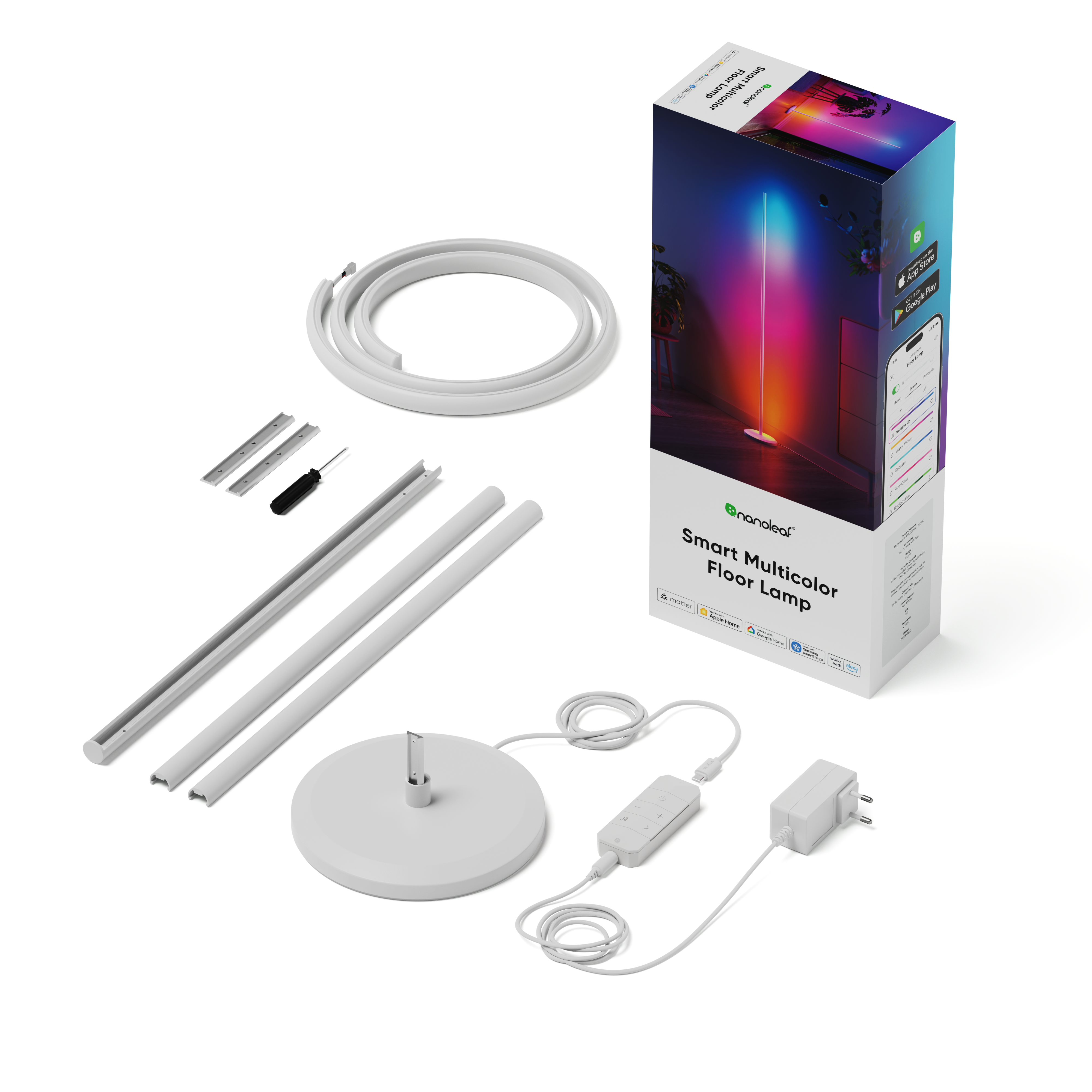 Lampada da terra Nanoleaf Smart Multicolor con accessori e confezione.