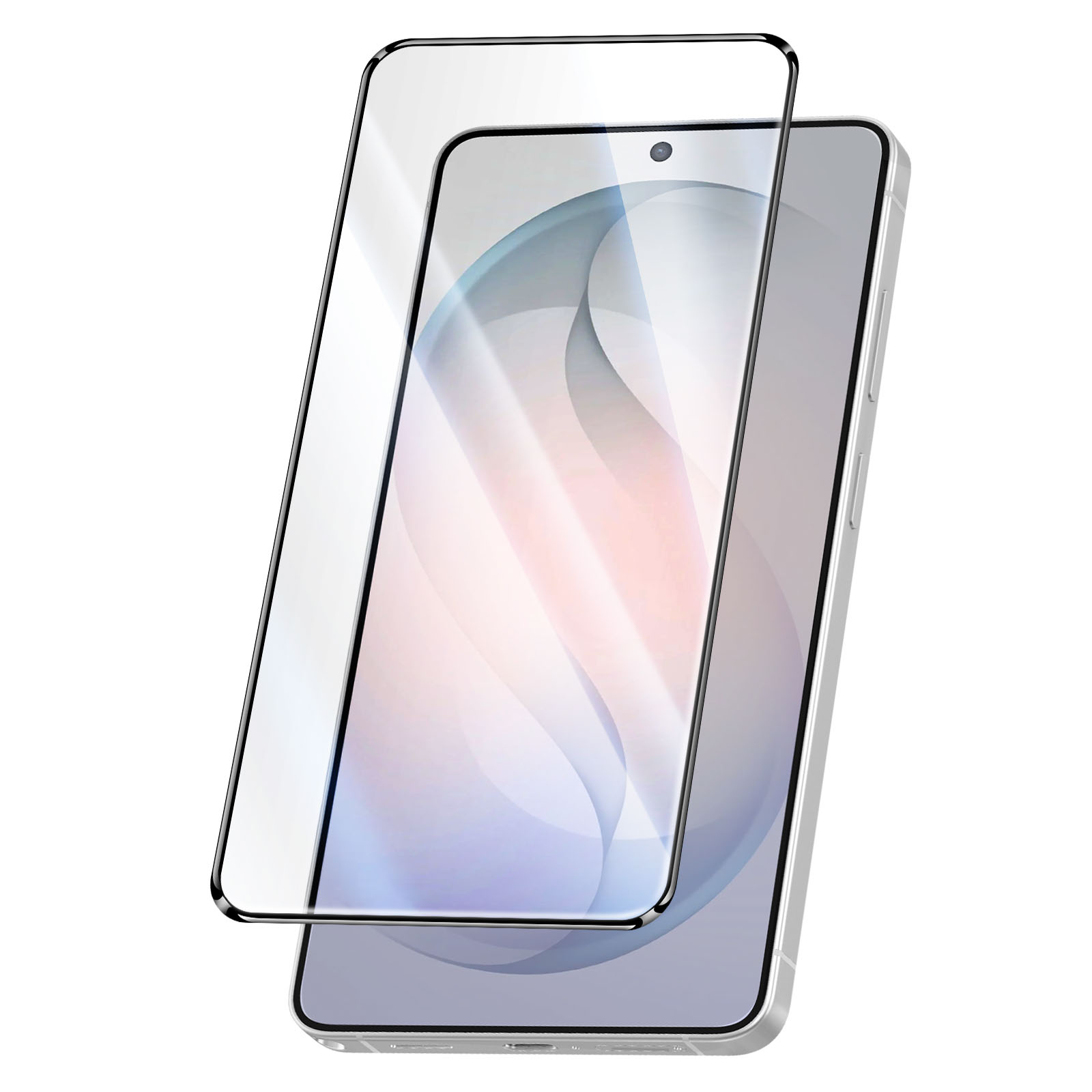 Un smartphone argenté avec un protecteur d'écran transparent placé légèrement décalé dessus.