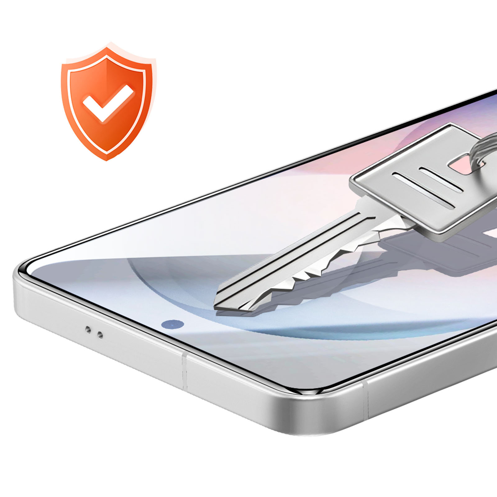 Une clé repose sur l'écran d'un smartphone à côté d'une icône de bouclier protecteur orange.