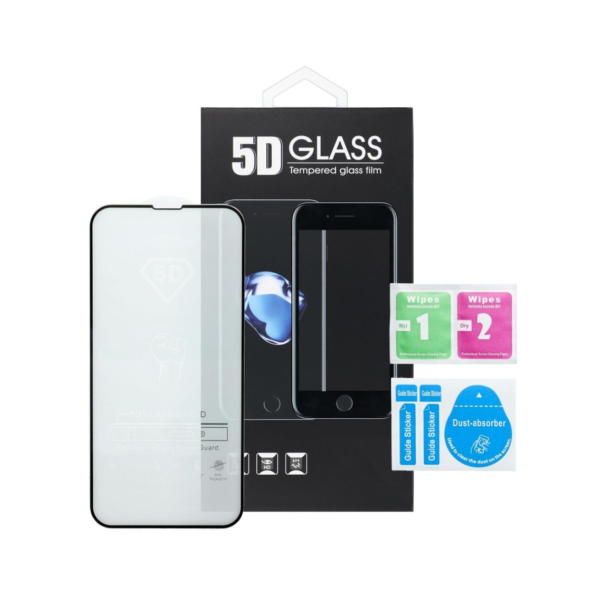 Confezione di pellicola temperata 5D Glass con protezione schermo, salviette, adesivi guida e assorbi polvere.