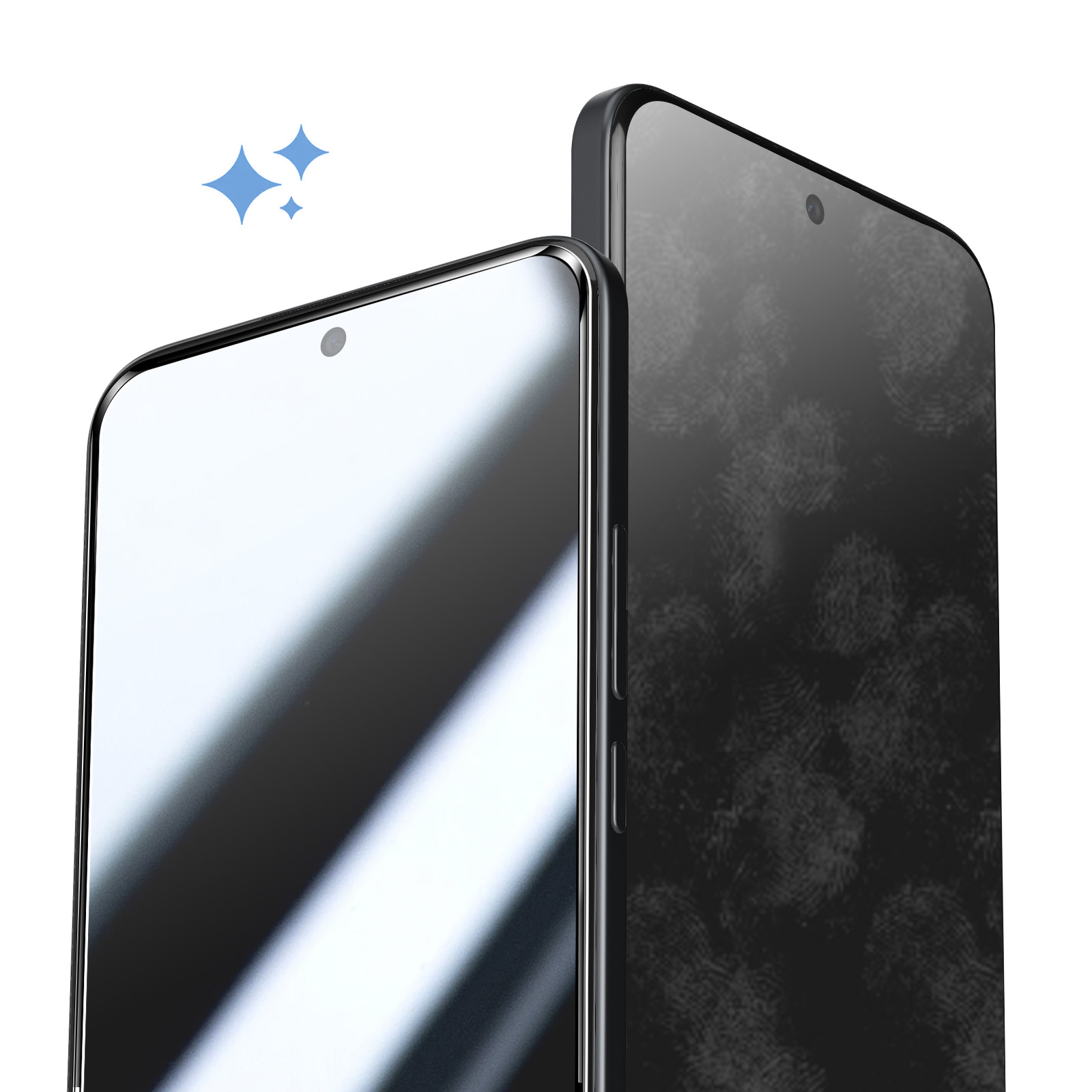 Due smartphone, uno pulito, uno con impronte. Icone blu scintillanti.