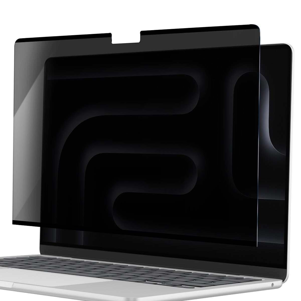 Un filtro per la privacy è applicato sullo schermo scuro di un laptop.