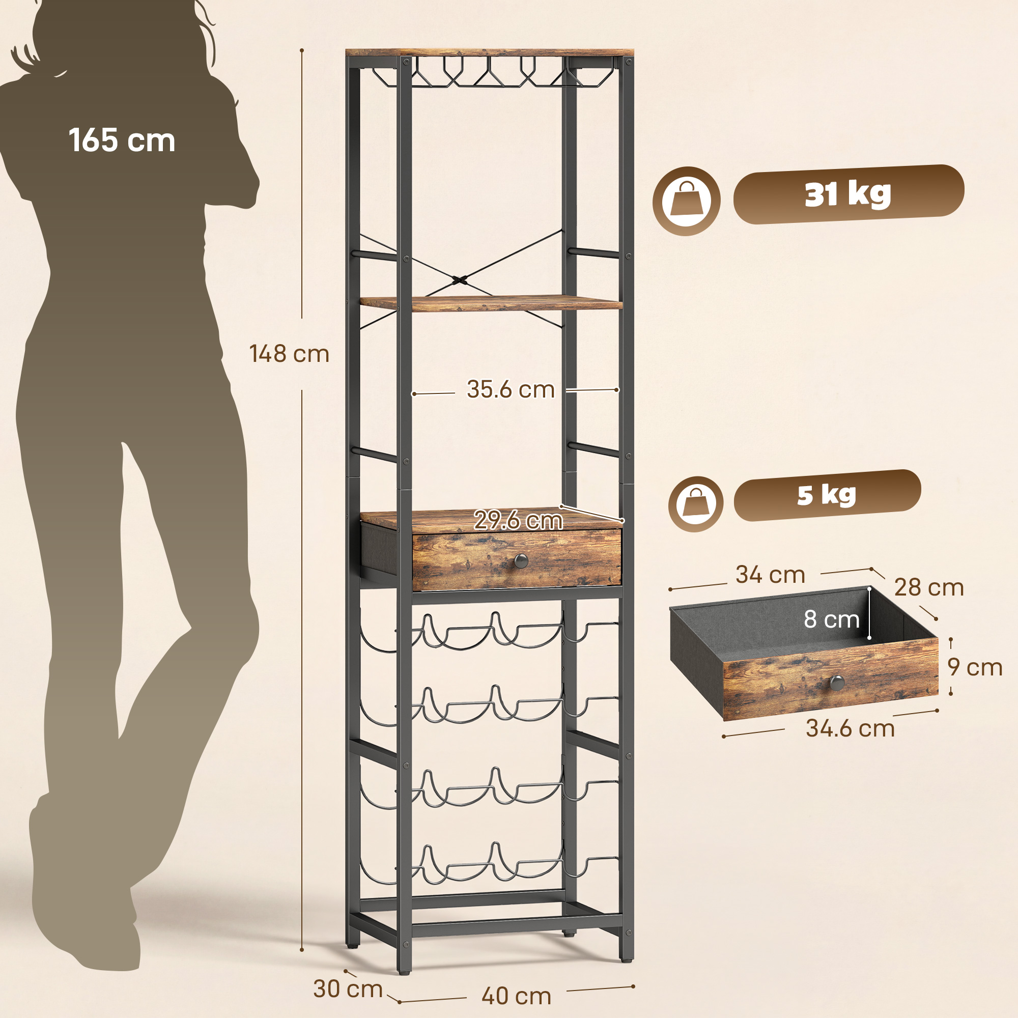 Una cantinetta alta e sottile con ripiani in legno e cassetto. Dimensioni indicate.