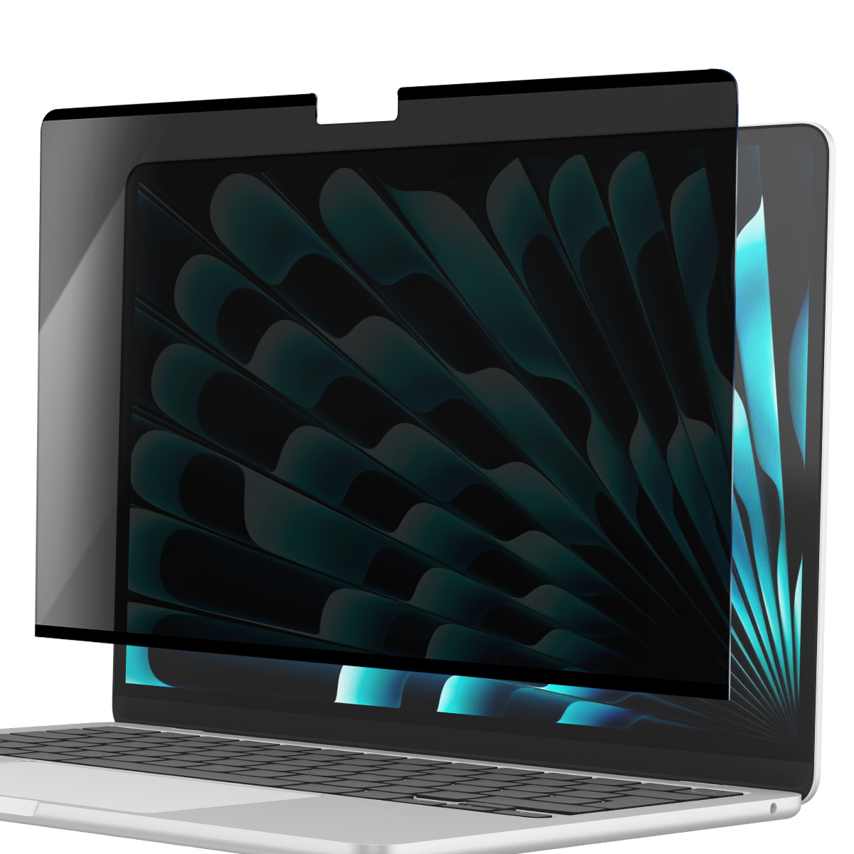 Una protezione per lo schermo privacy è posizionata sullo schermo di un laptop argentato. Lo schermo ha un motivo astratto scuro.