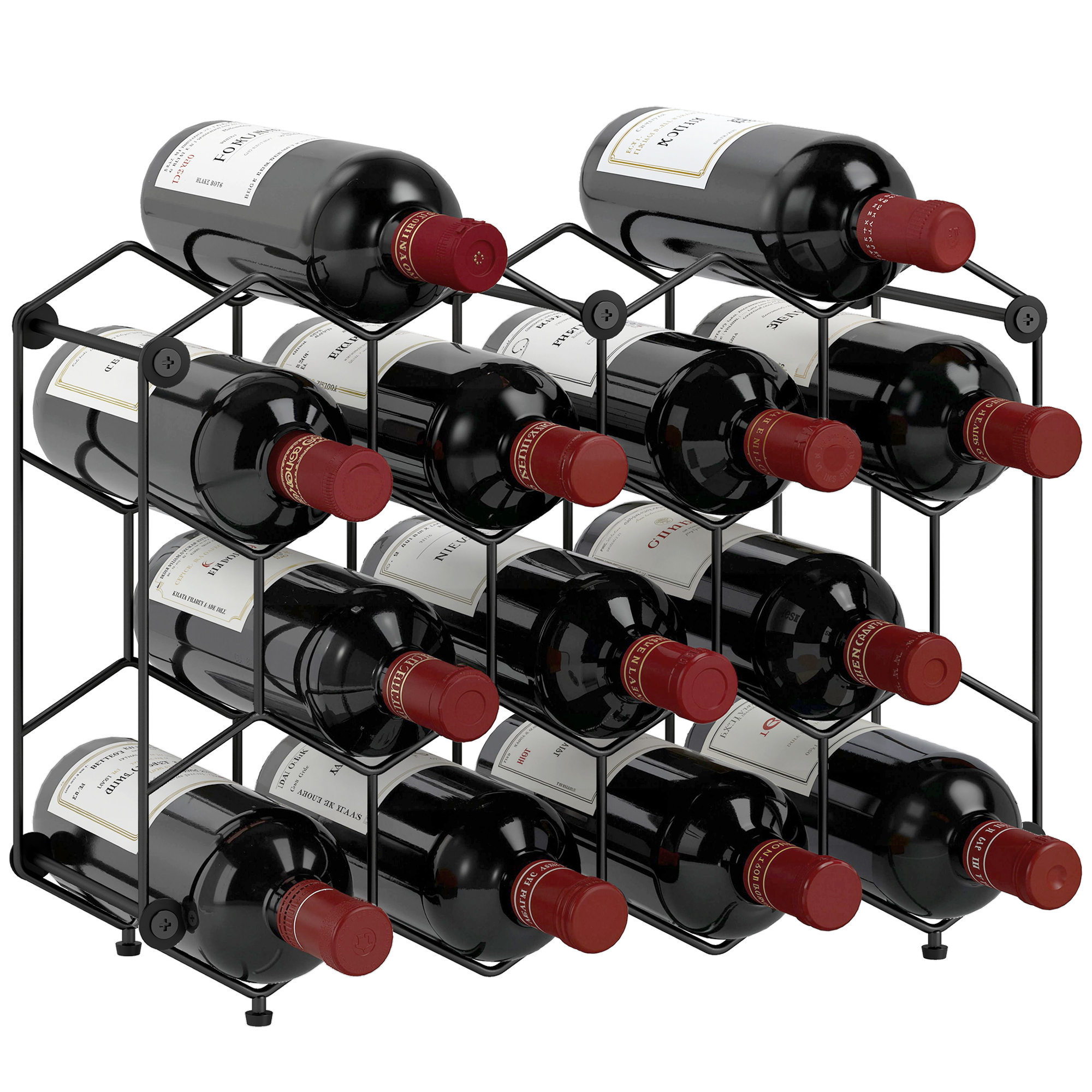 Una rastrelliera per vino in metallo nero con 12 bottiglie di vino rosso, ciascuna con tappo rosso.
