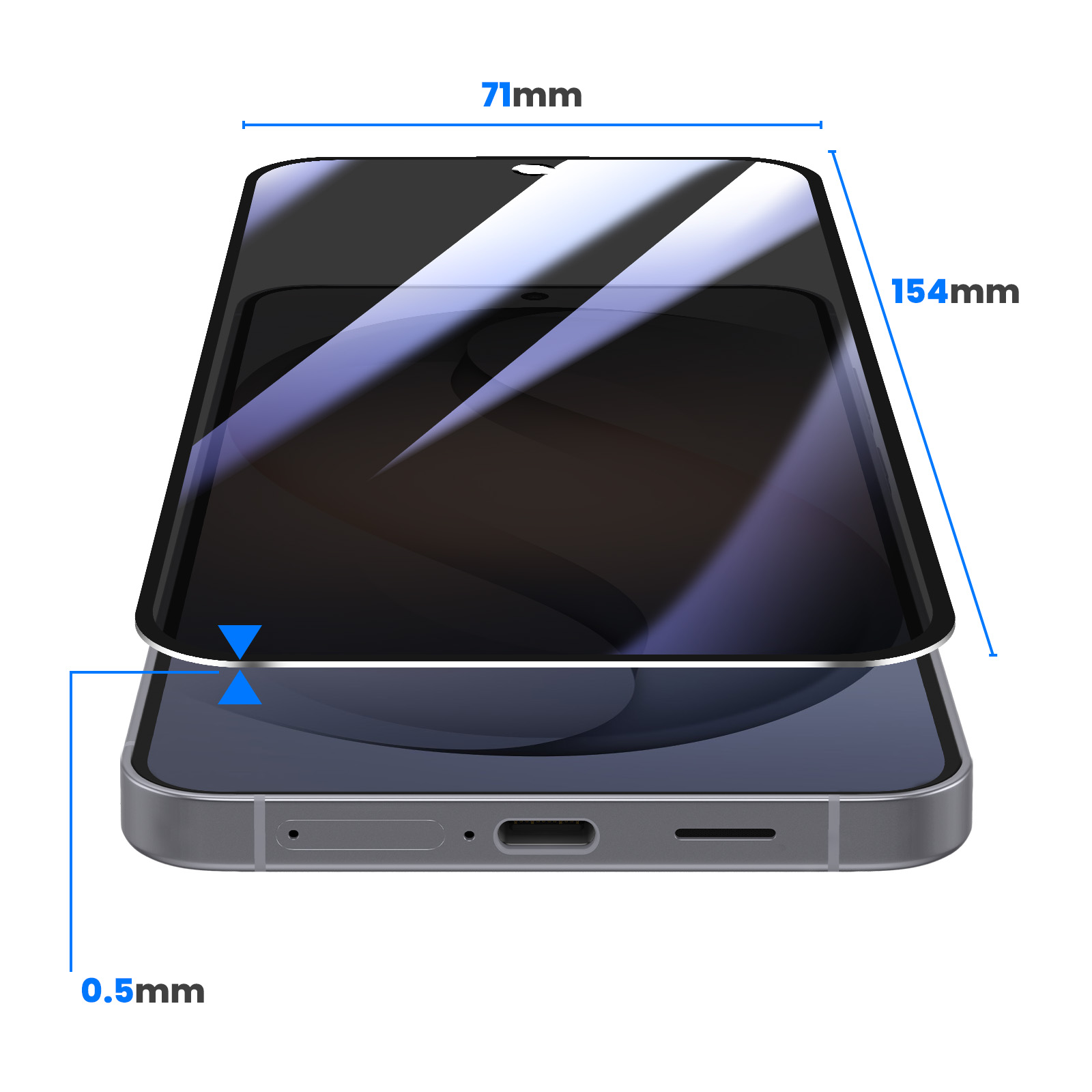 Uno smartphone con proteggi schermo. Dimensioni: 71x154mm, spessore 0,5mm.