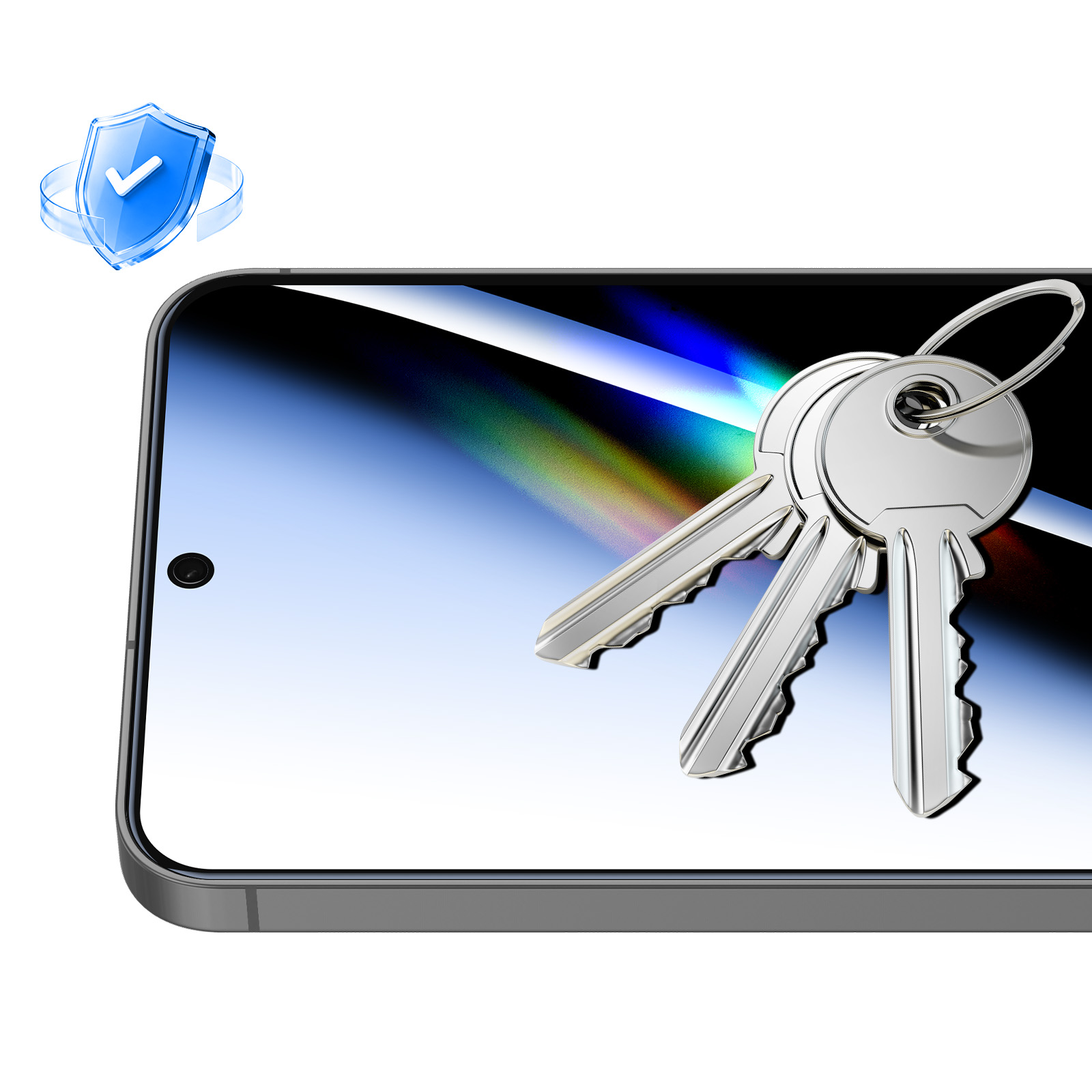 Uno smartphone con tre chiavi e un'icona di scudo blu.