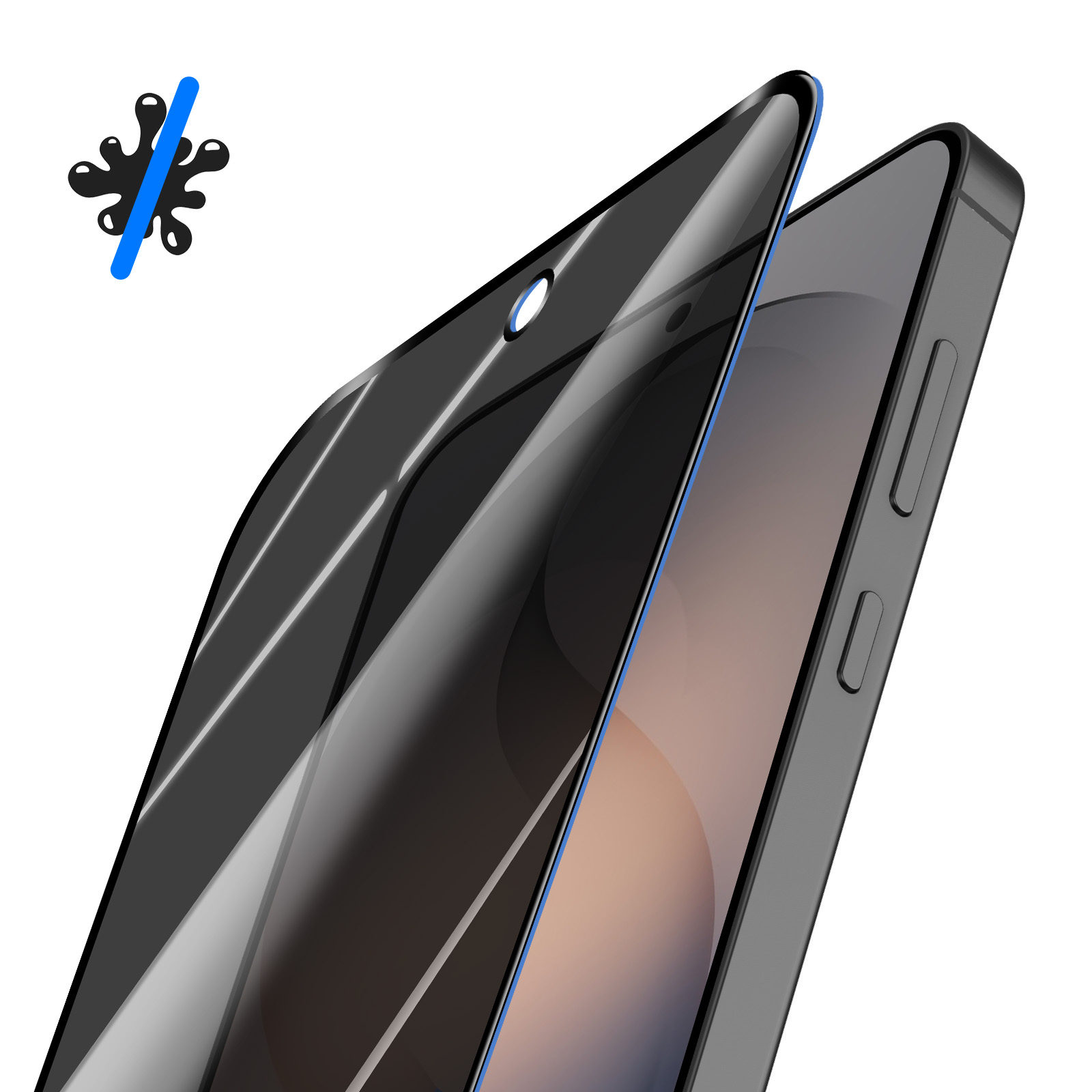 Una protezione per lo schermo con bordo blu viene posizionata su uno smartphone. Nelle vicinanze è presente un simbolo di protezione dai liquidi.