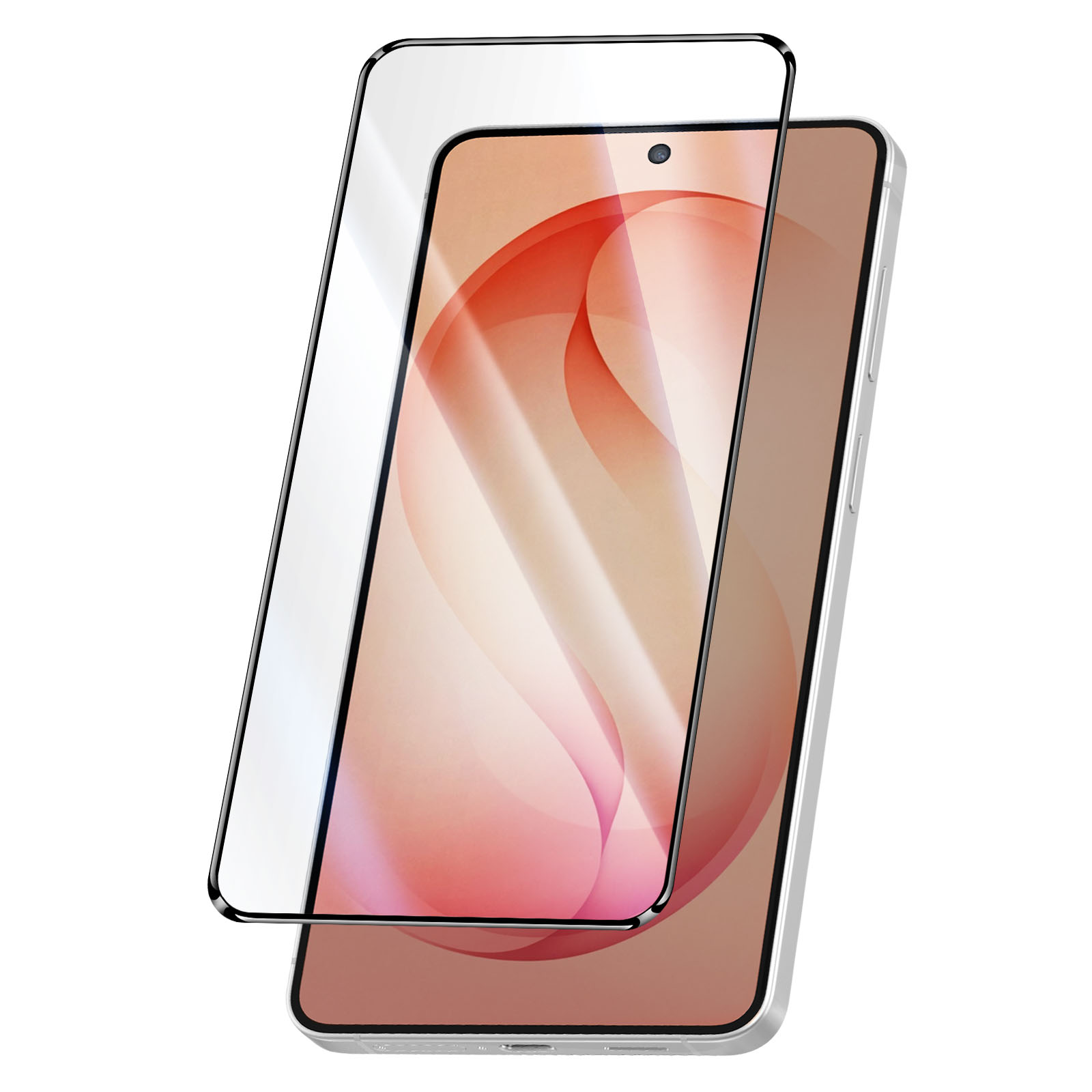 Een smartphone met schermprotector op een witte achtergrond.
