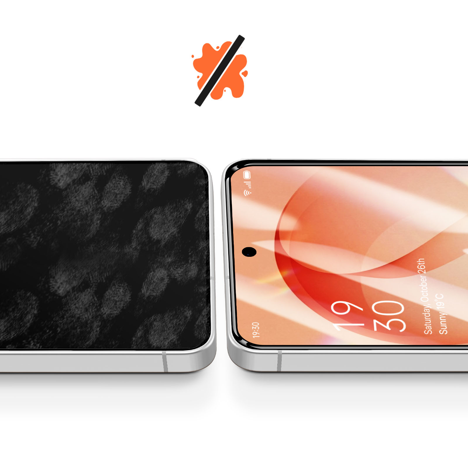 Een smartphone met een besmeurd scherm naast een schone.