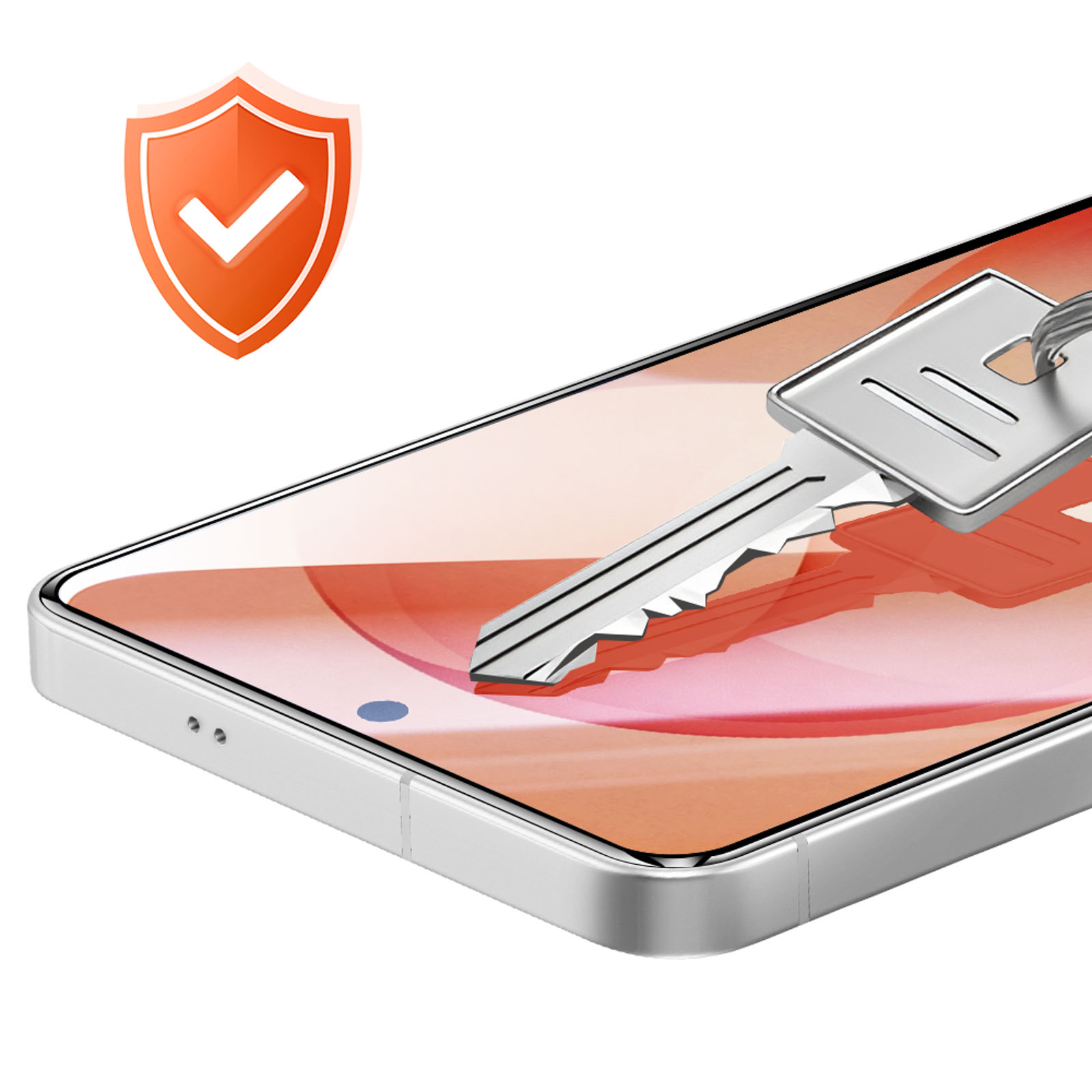 Een zilveren sleutel ligt op een smartphone met een veiligheidsschild icoon.
