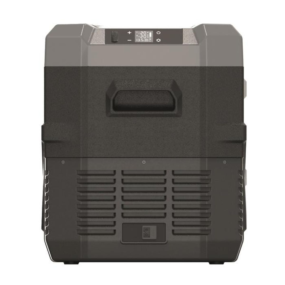 Un frigorifero portatile grigio e nero con display digitale e maniglia.
