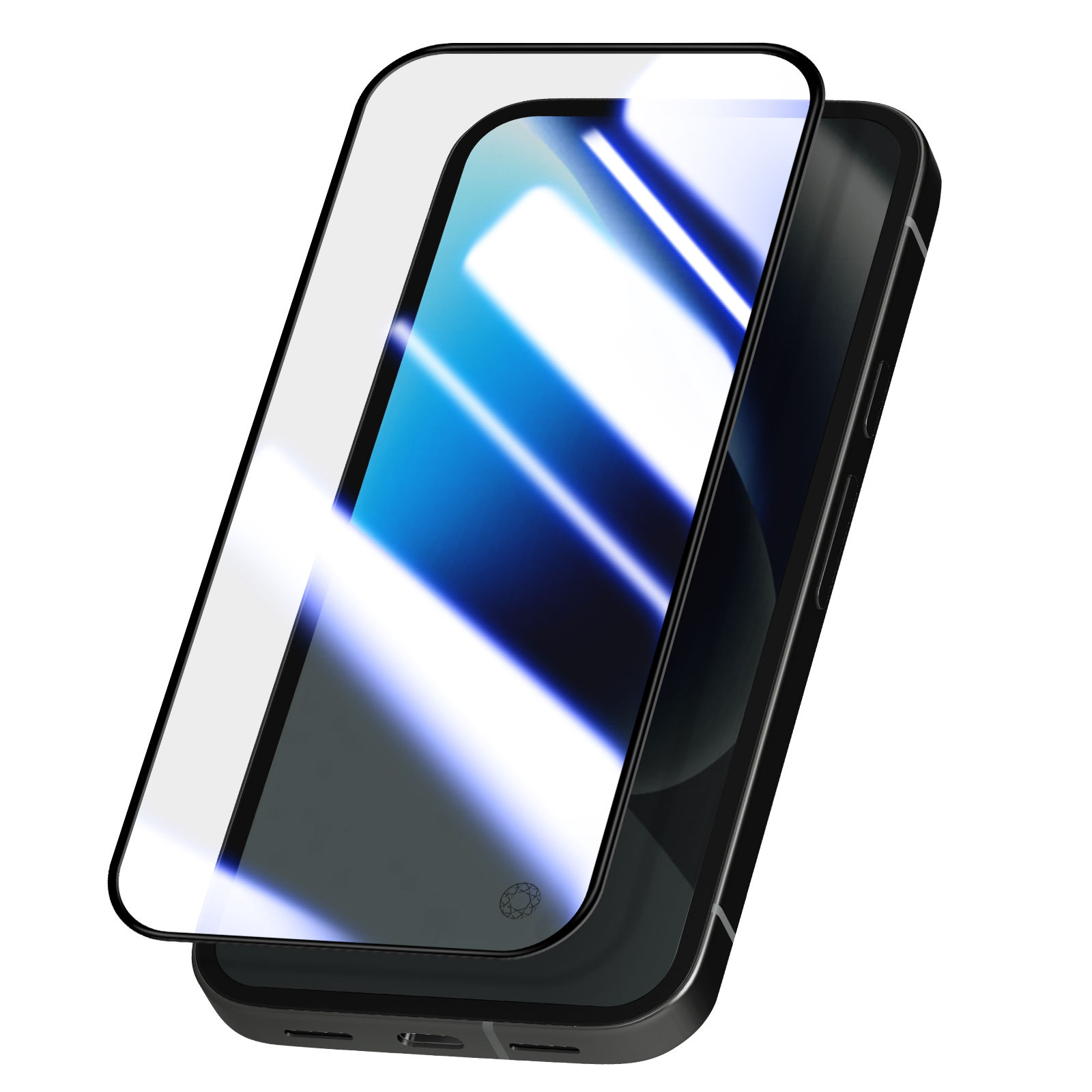 Een zwarte smartphone met een glazen screenprotector erop.
