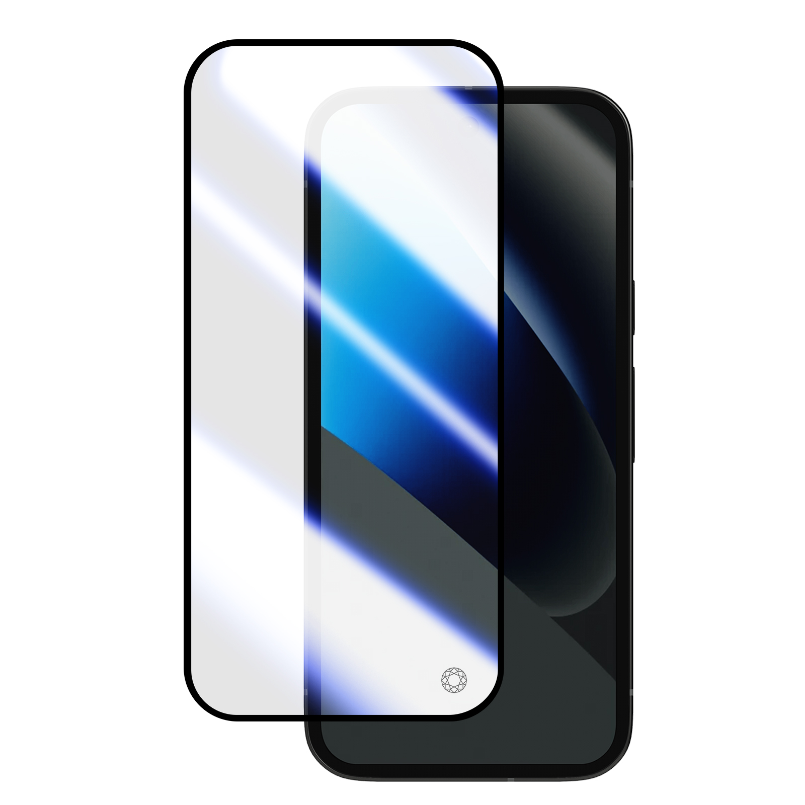 Een screenprotector voor een smartphone, op witte achtergrond.