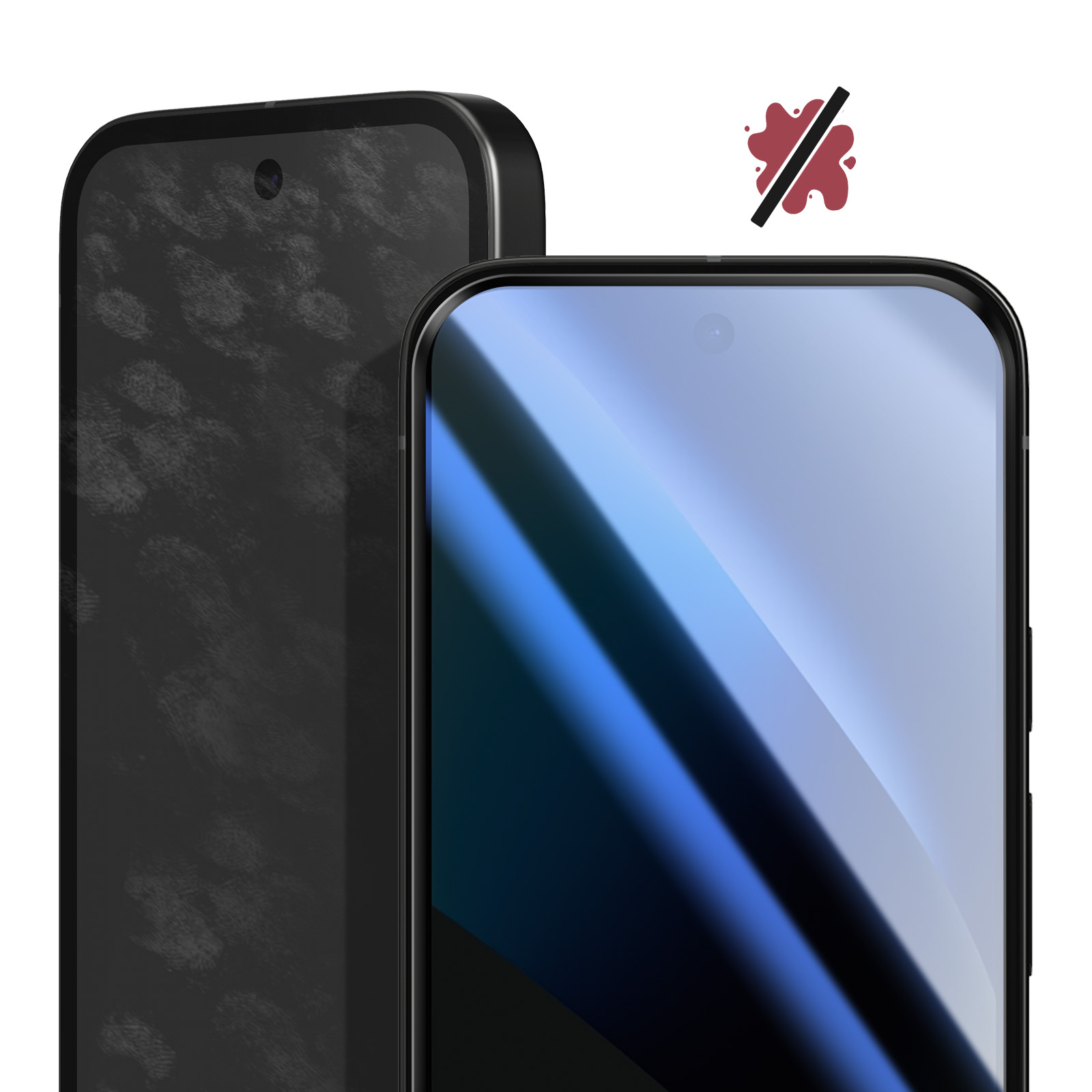 Twee smartphones met vingerafdrukken en een rood spettersymbool met schuine streep.