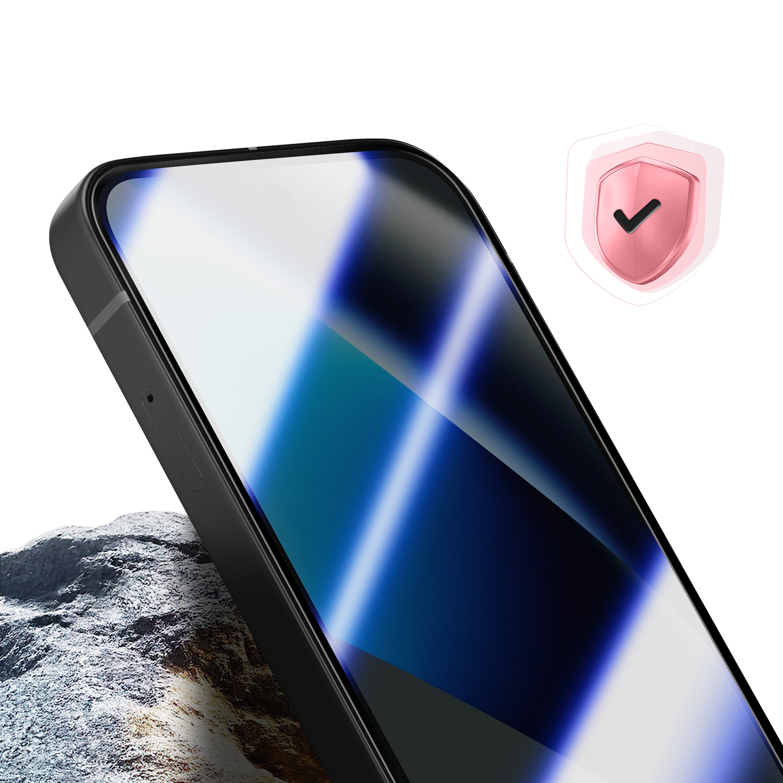 Een smartphone op een steen met een schildicoon.