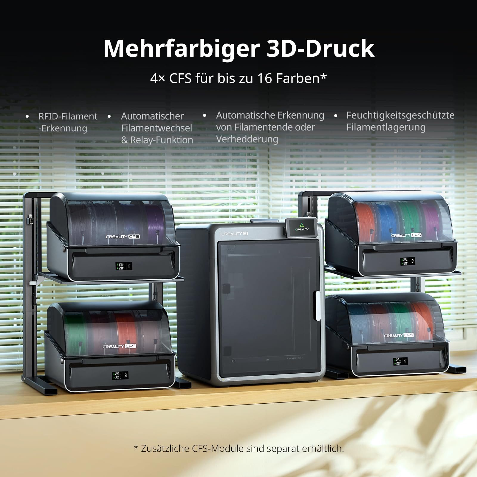 Una impresora 3D con varias cajas de filamentos que contienen carretes de filamento coloridos.