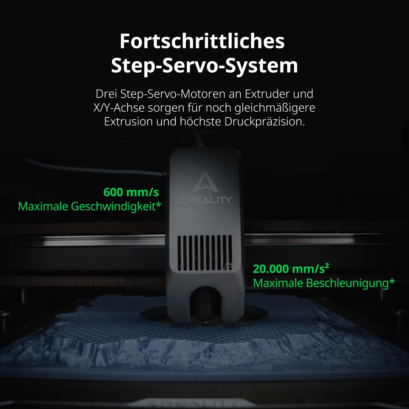 Extrusor de impresora 3D con ventilador, 600 mm/s máx. velocidad, 20.000 mm/s² aceleración.