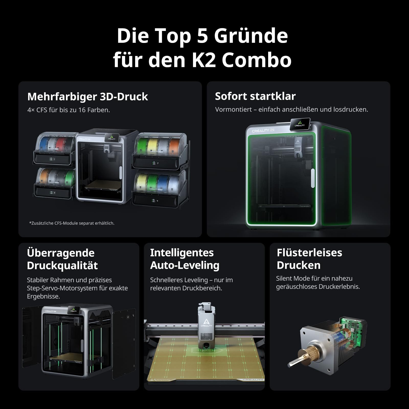 Las 5 razones principales para K2 Combo: impresión multicolor, listo para usar, calidad superior, auto-nivelación, impresión silenciosa.