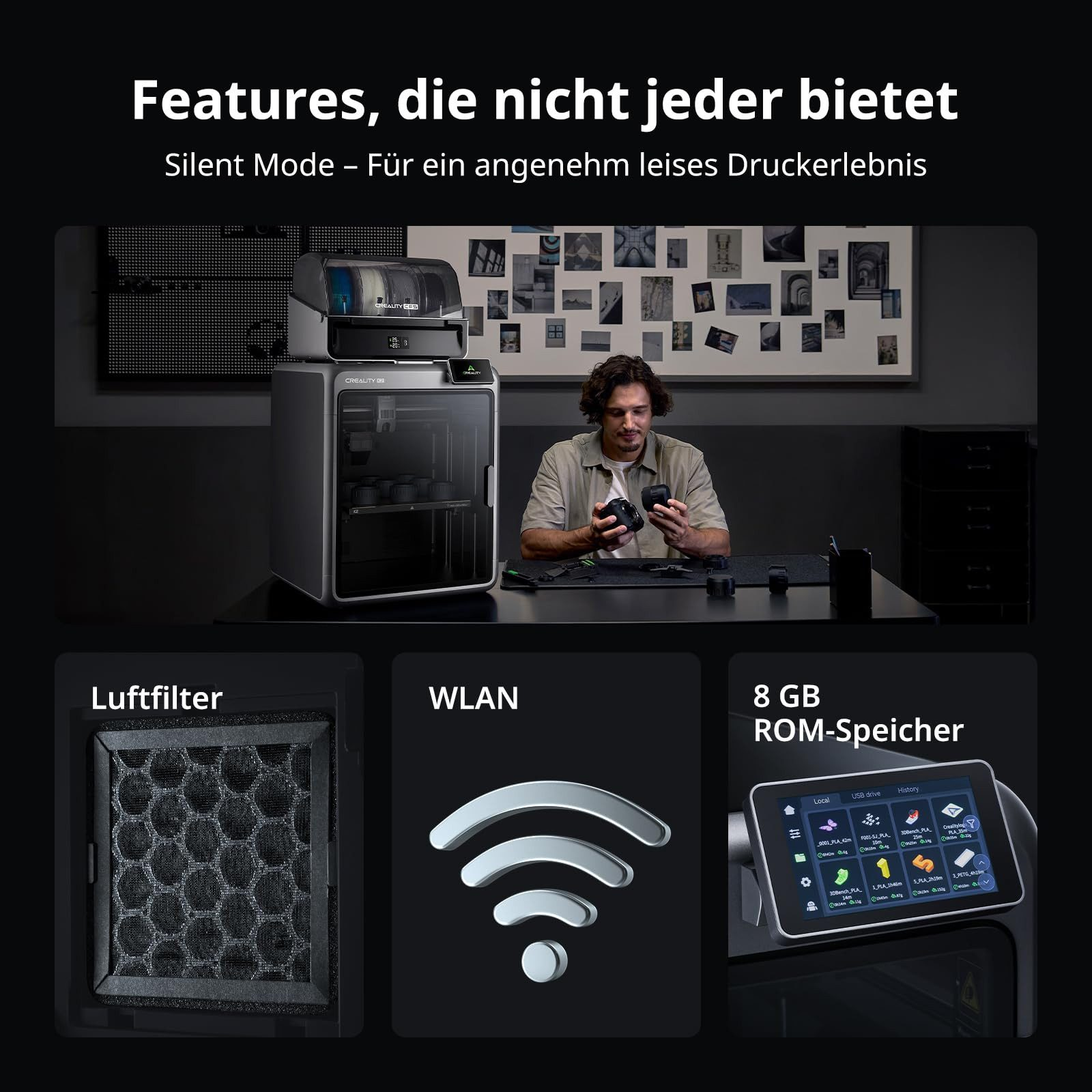 Impresora 3D con filtro de aire, WLAN y 8 GB de memoria. Hombre sostiene piezas.
