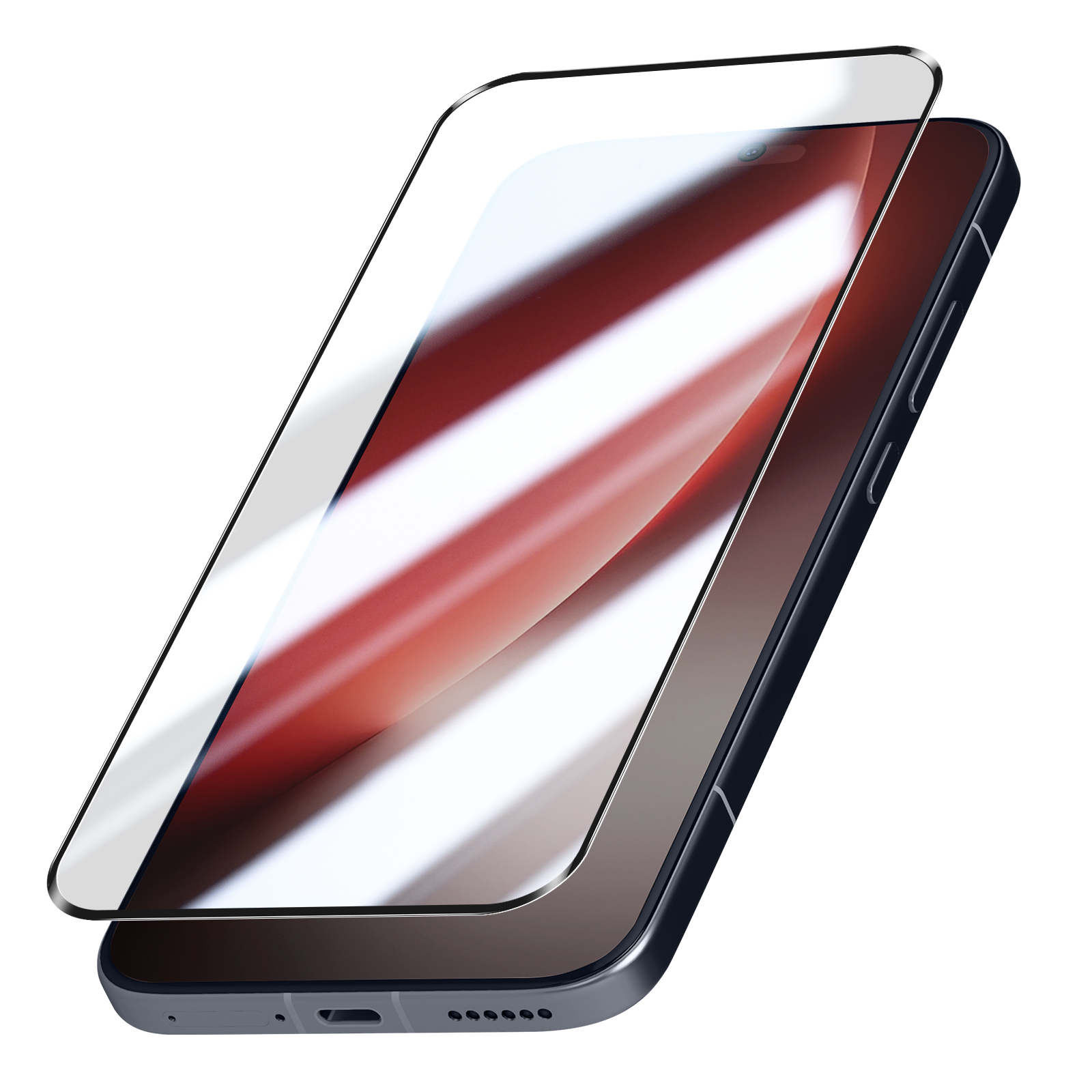 Smartphone nero con pellicola protettiva applicata su sfondo bianco.