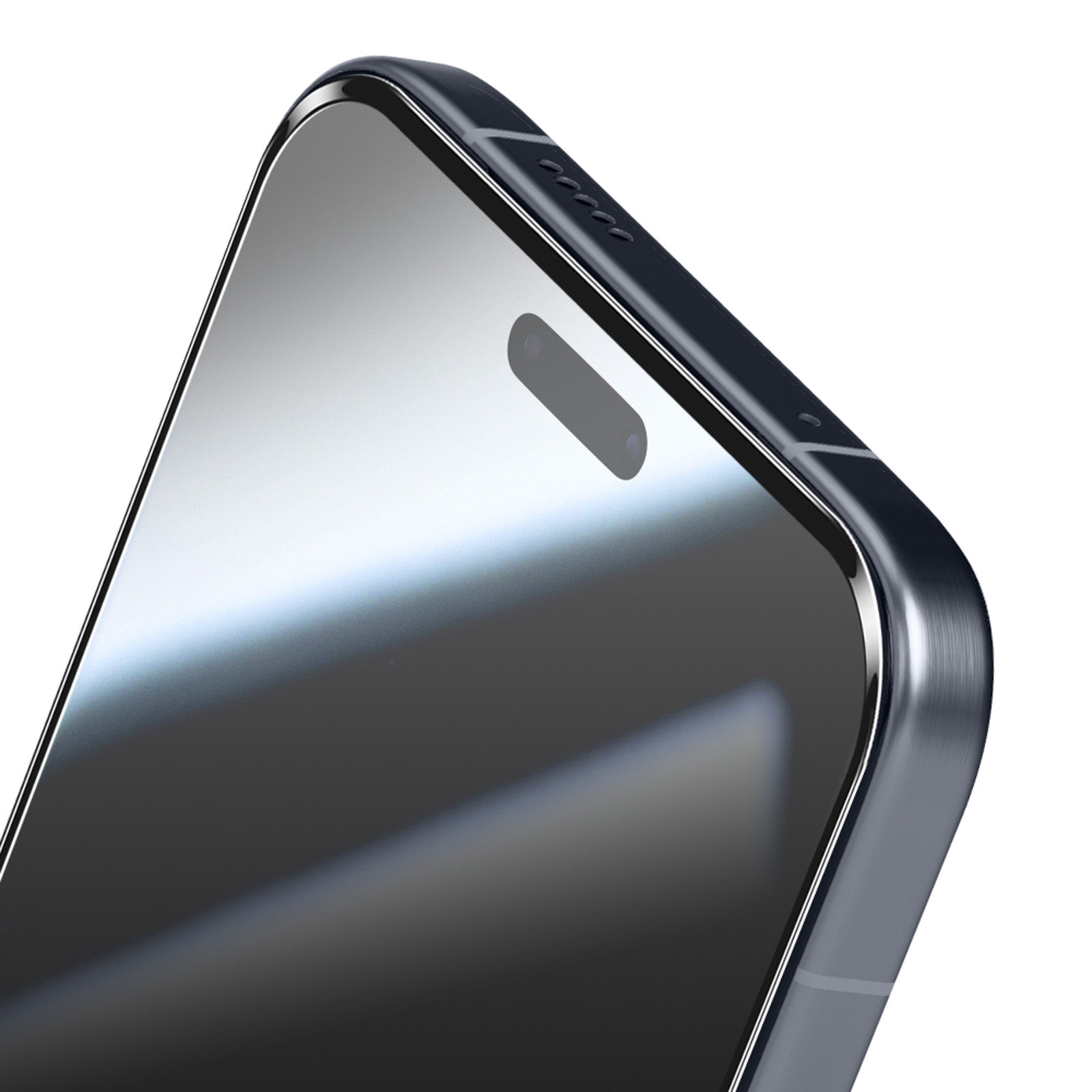 Primo piano di uno smartphone scuro con schermo nero e ritaglio.