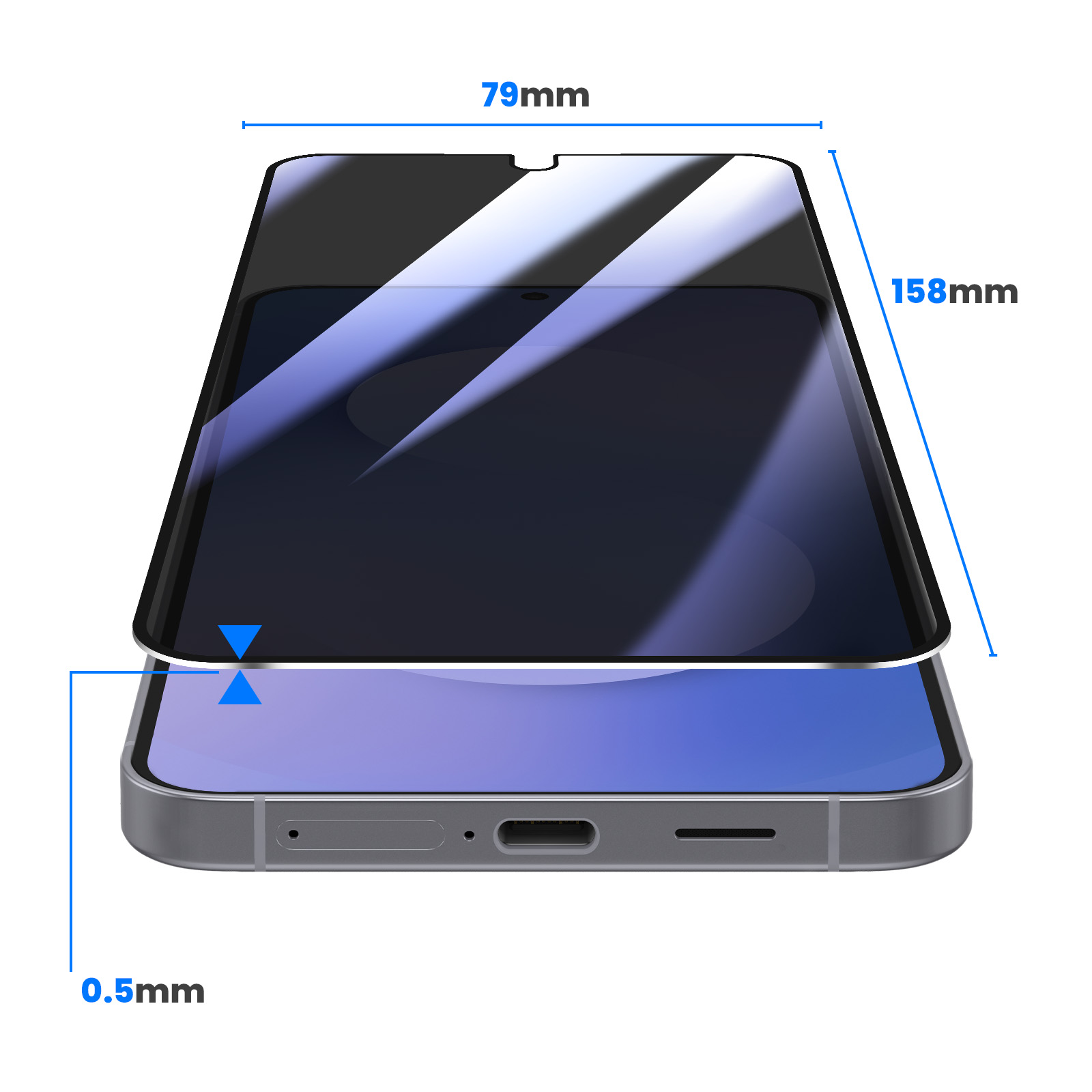 Un protecteur d'écran pour smartphone, 79mm x 158mm, 0,5mm.