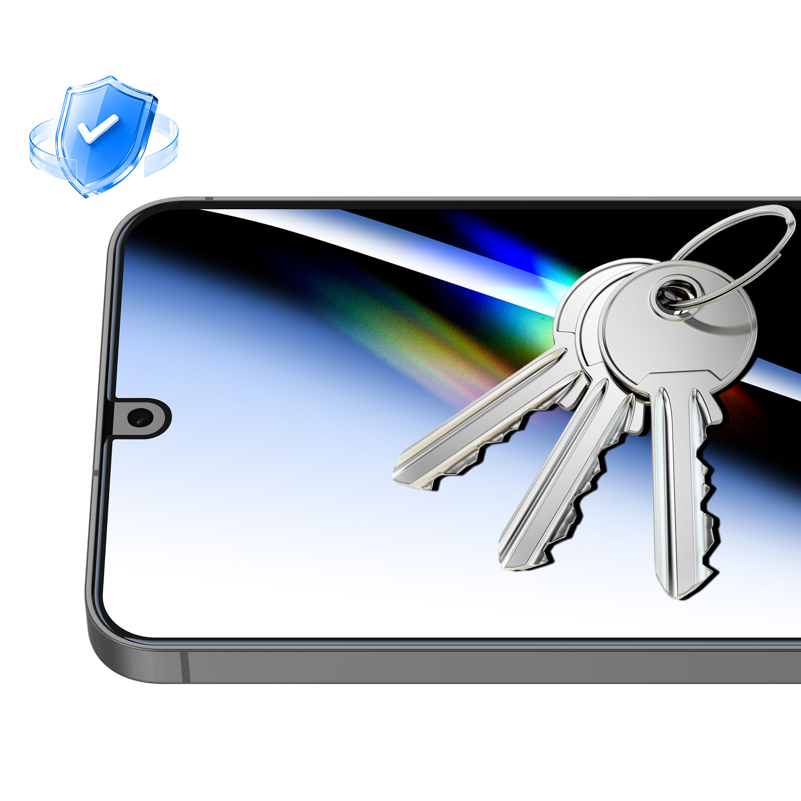 Un smartphone avec trois clés et un bouclier bleu avec une coche.